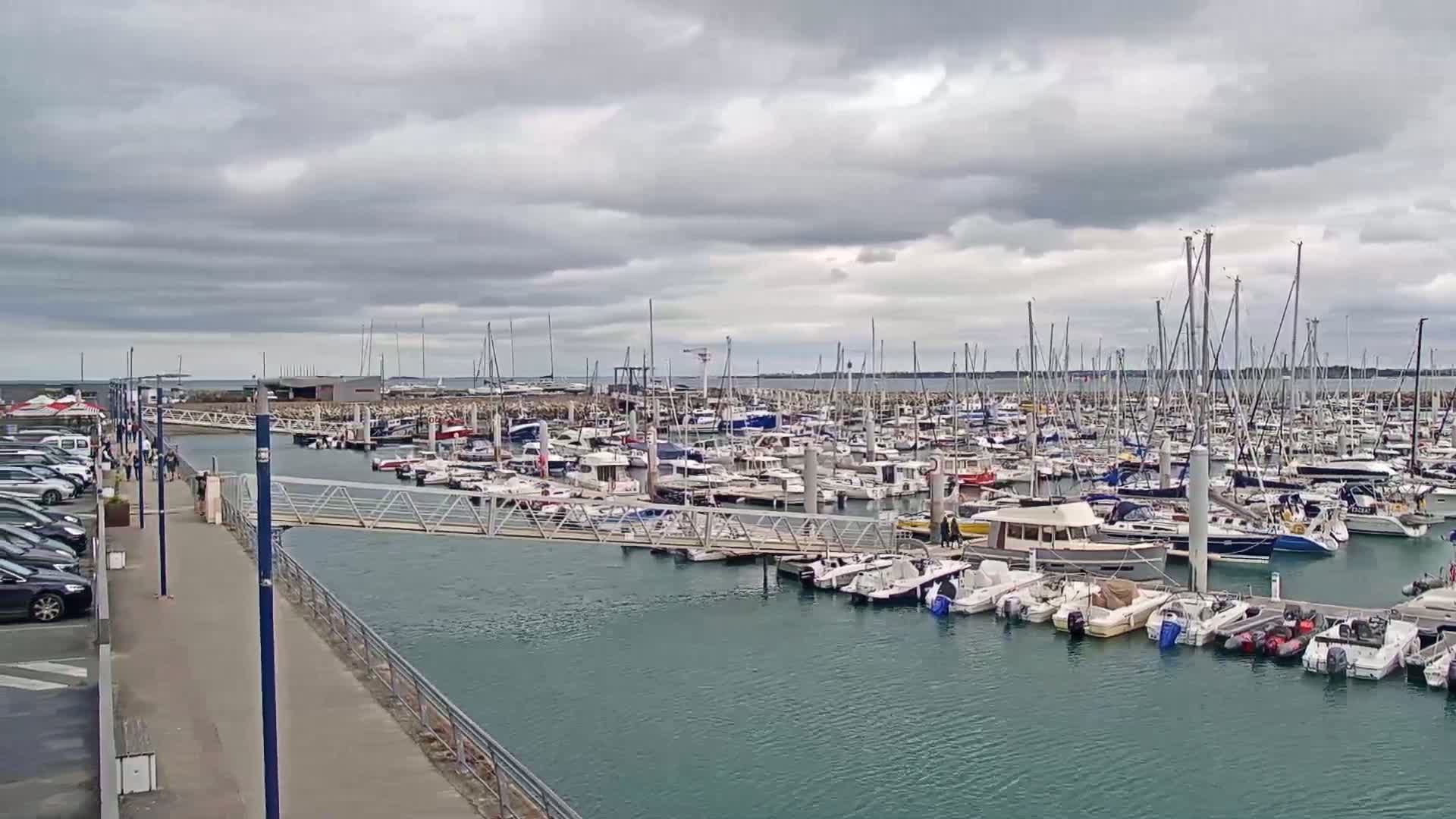 A marina filled with numerous boats is shown under a cloudy sky.