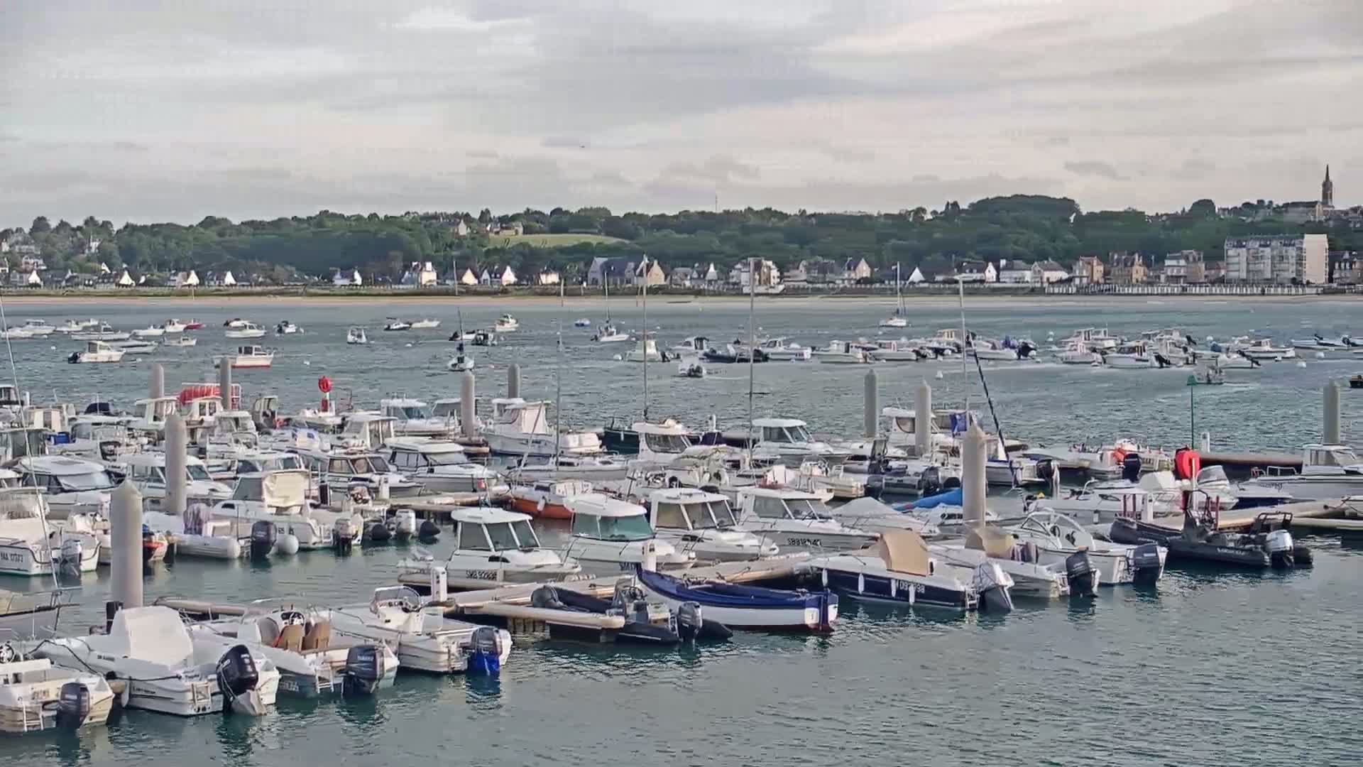 Many motorboats are docked in a marina, with additional boats anchored in the water beyond, under an overcast sky.
