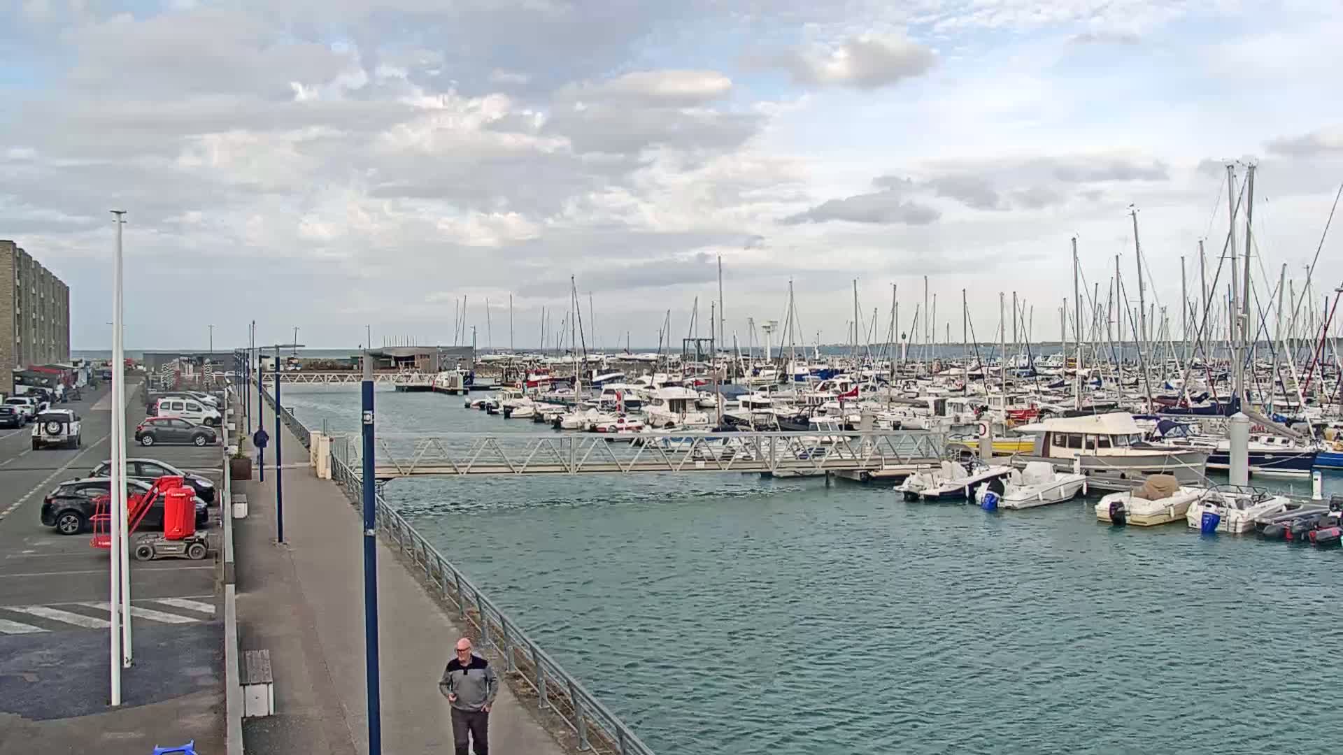 A man walks along a paved walkway next to a marina filled with numerous boats under a cloudy sky.