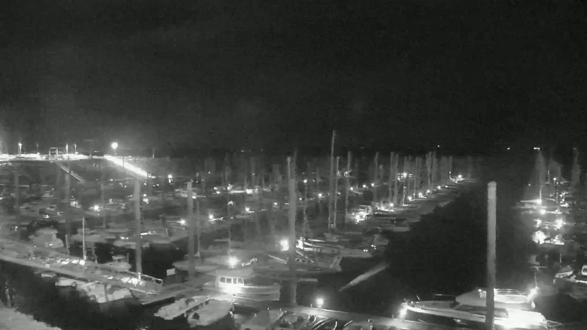 A nighttime, low-light view of a marina filled with numerous boats docked at their slips.
