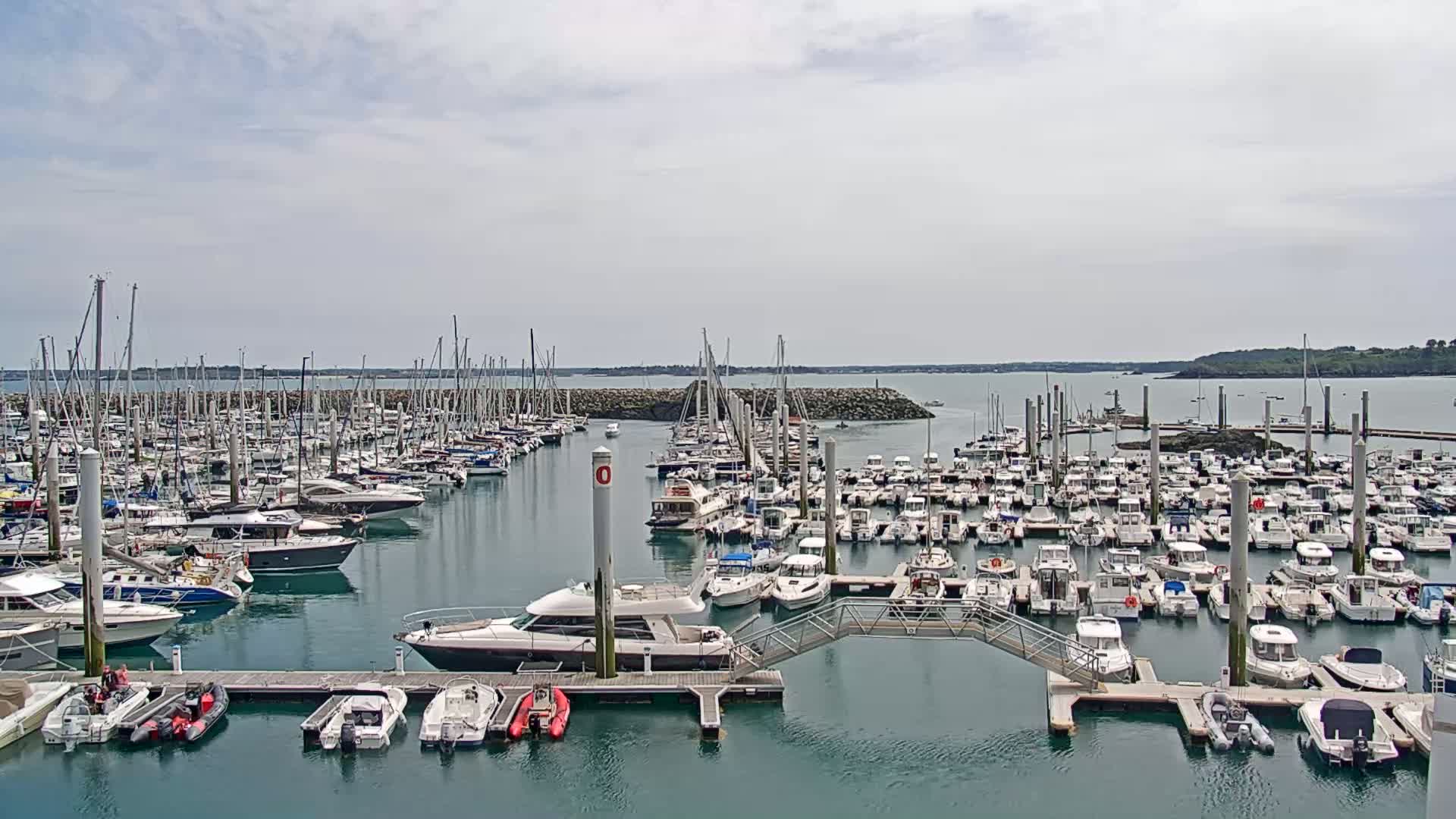A large marina filled with numerous sailboats and motorboats is seen on an overcast day.