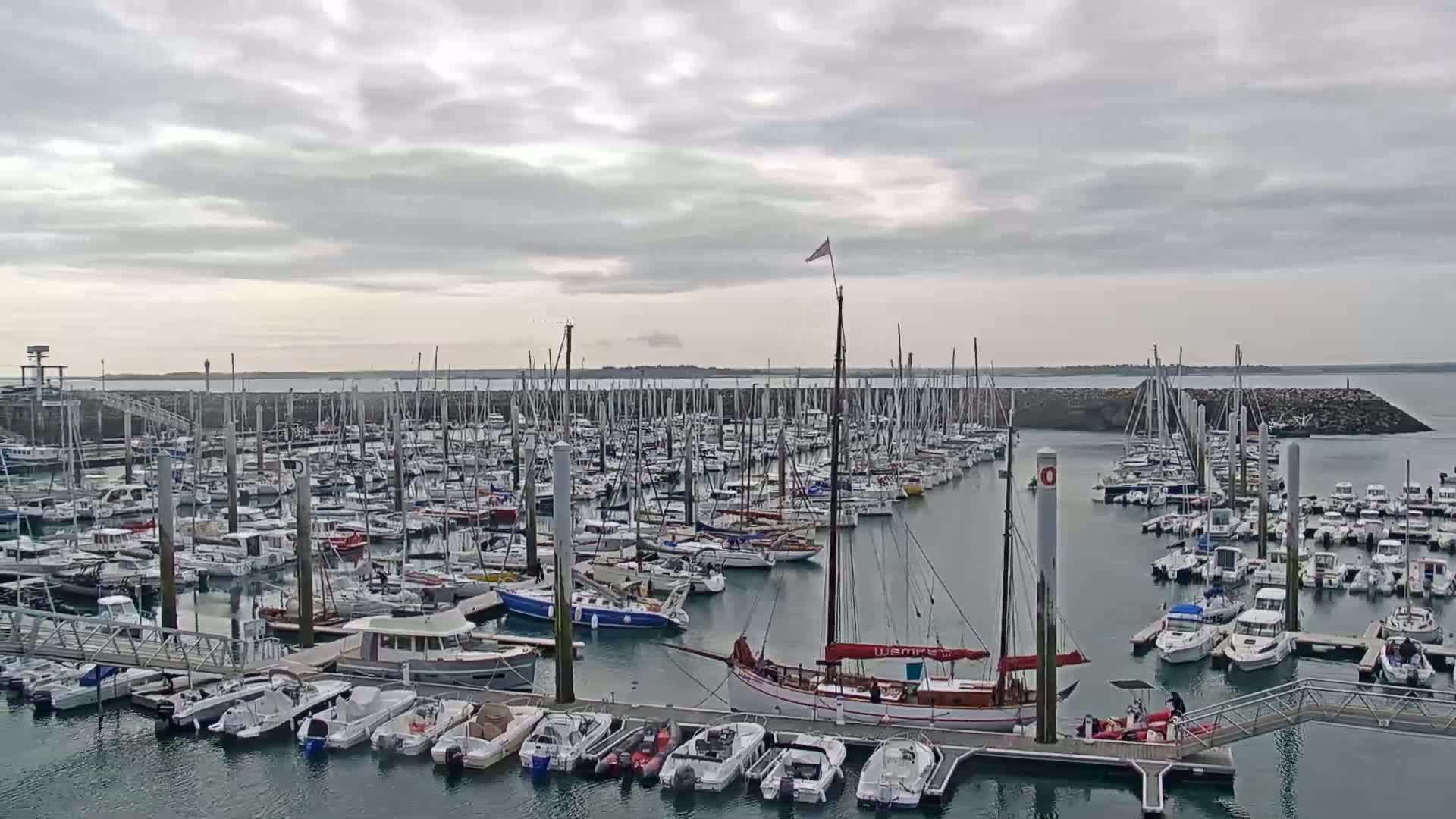 A large marina filled with numerous sailboats and motorboats under an overcast sky.