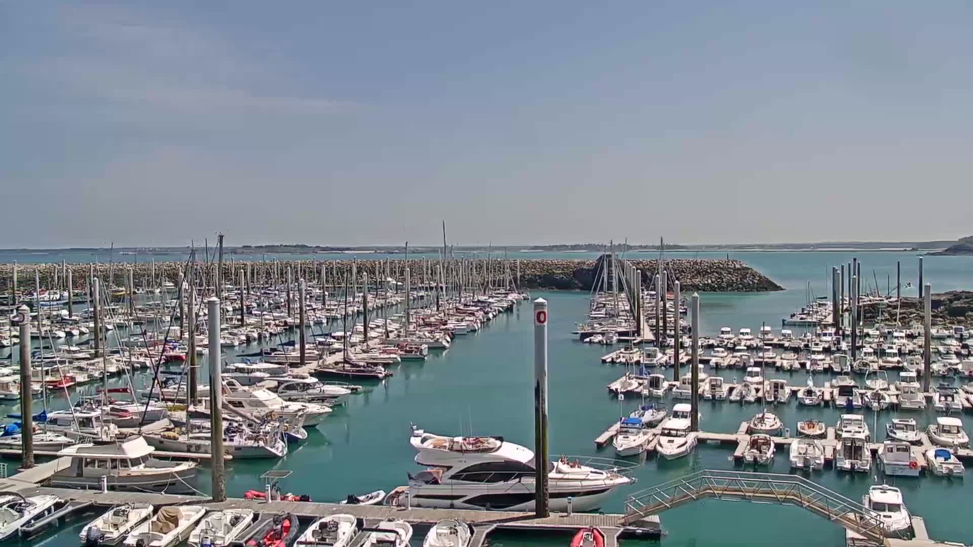 A marina filled with numerous boats of various sizes is shown on a sunny day with calm, clear water.