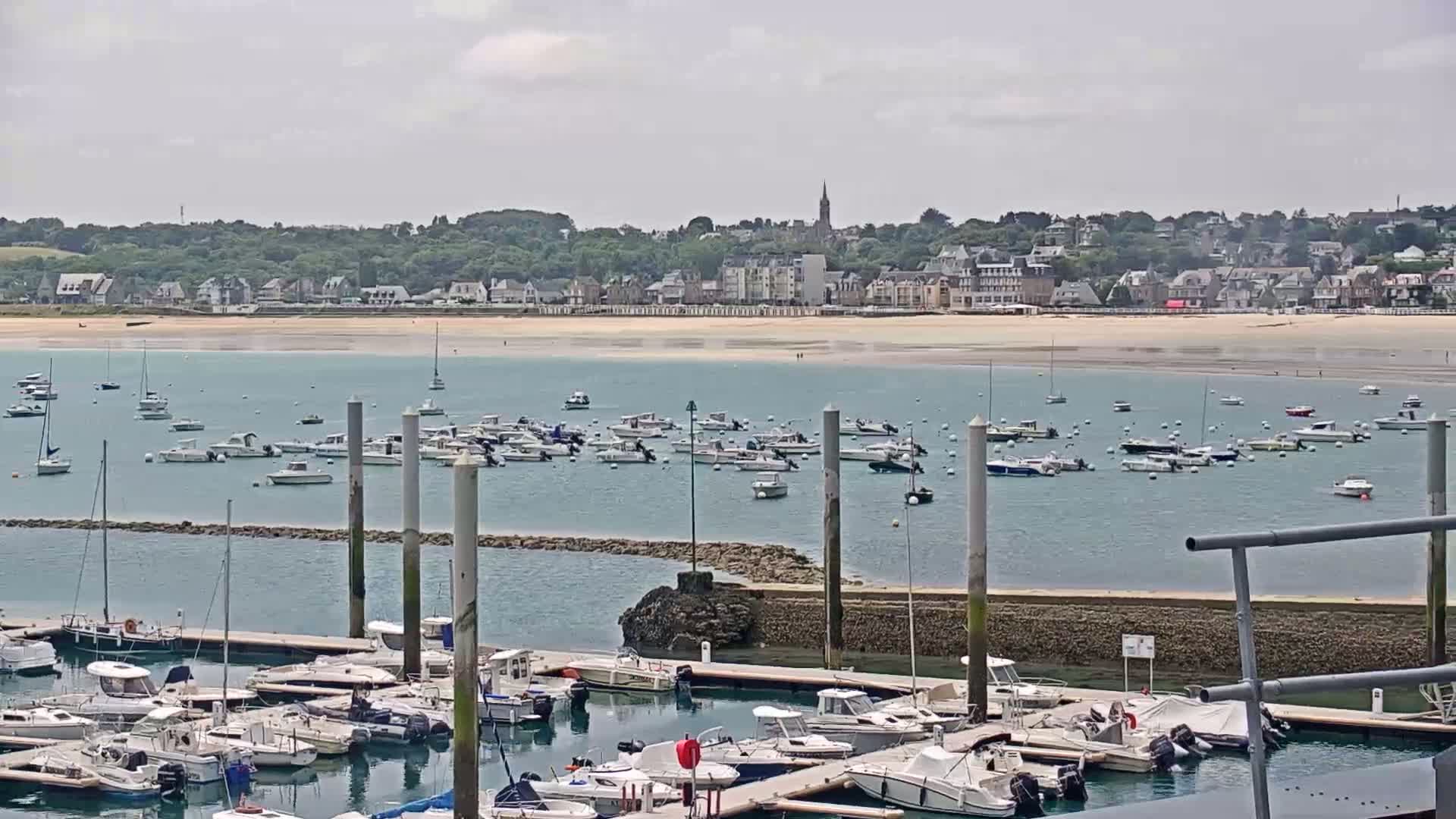 A marina filled with numerous boats is situated in front of a coastal town on a partly cloudy day.