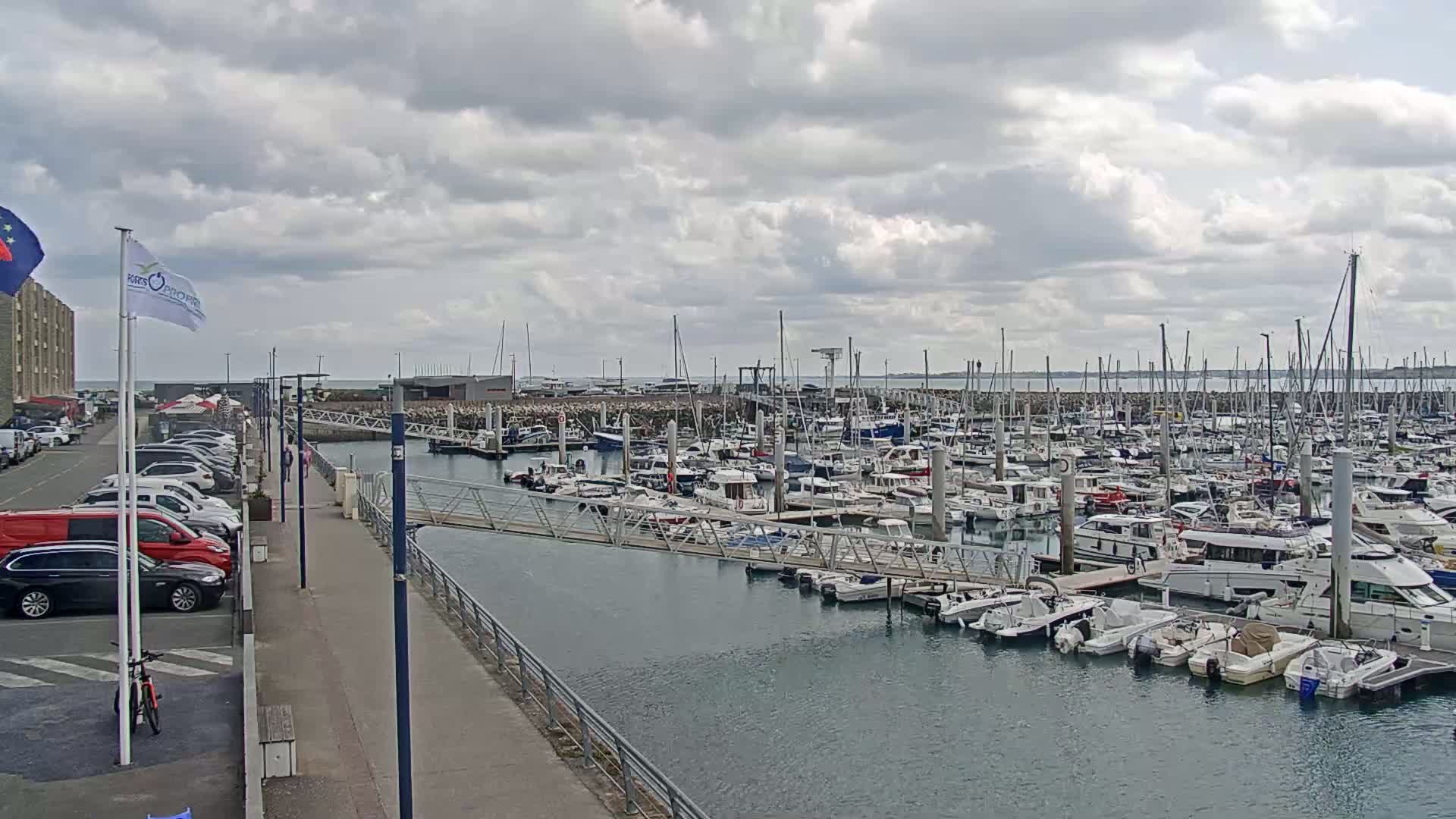 A marina filled with numerous boats of various sizes is shown on an overcast day, with a paved walkway and parking lot visible alongside it.