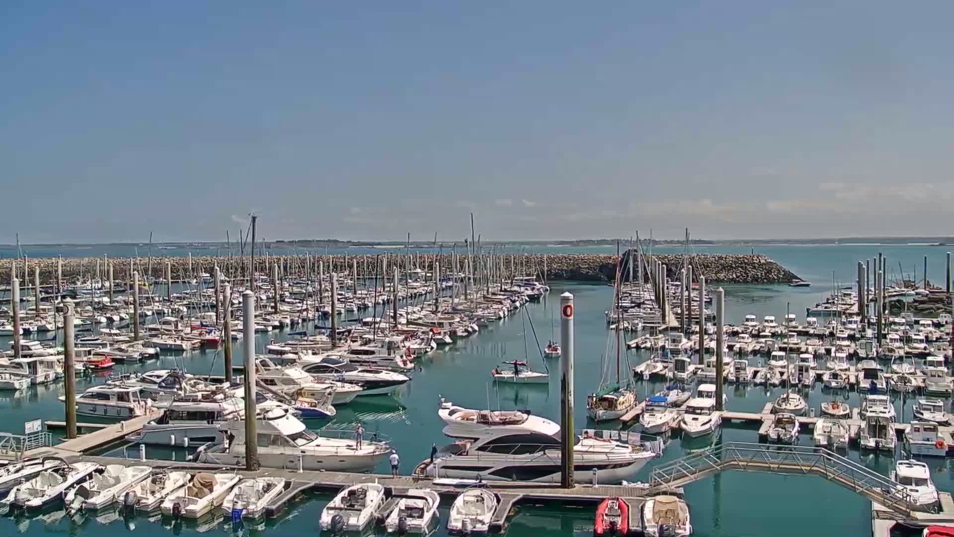 A marina filled with numerous boats of various sizes is shown under a clear, sunny sky.