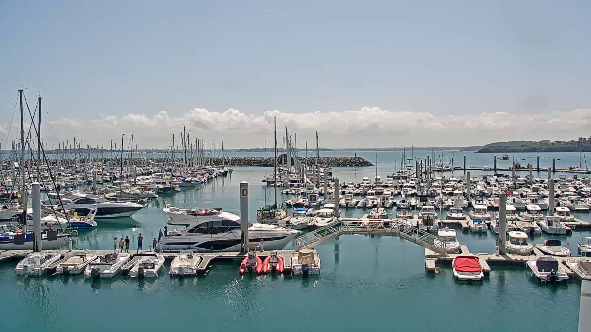 A large marina filled with numerous sailboats and motorboats is situated on calm, teal water under a partly cloudy sky.