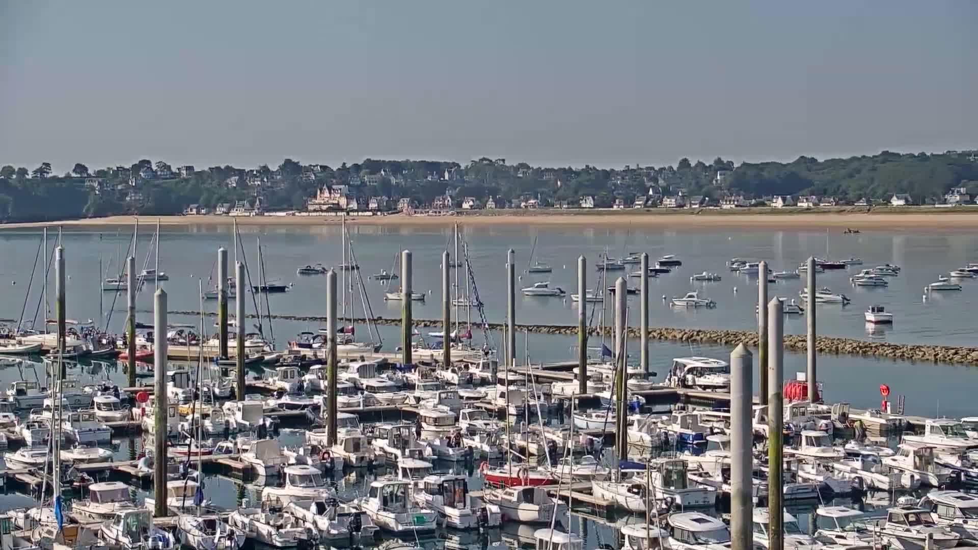 A marina filled with numerous boats is situated on calm water, overlooking a sandy shore and a town nestled among green hills under a clear sky.