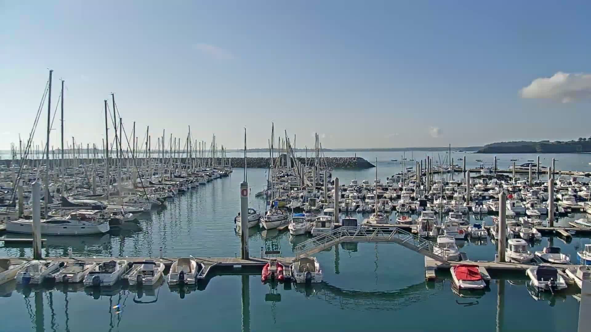 A calm, sunny day shows a marina filled with numerous sailboats and motorboats docked at various piers.