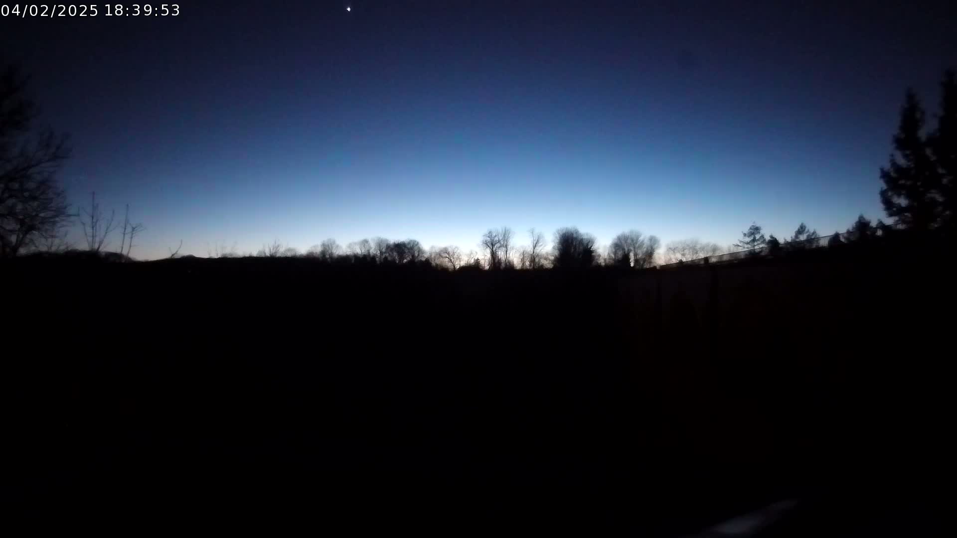 A dark, silhouetted line of trees is visible against a twilight sky.