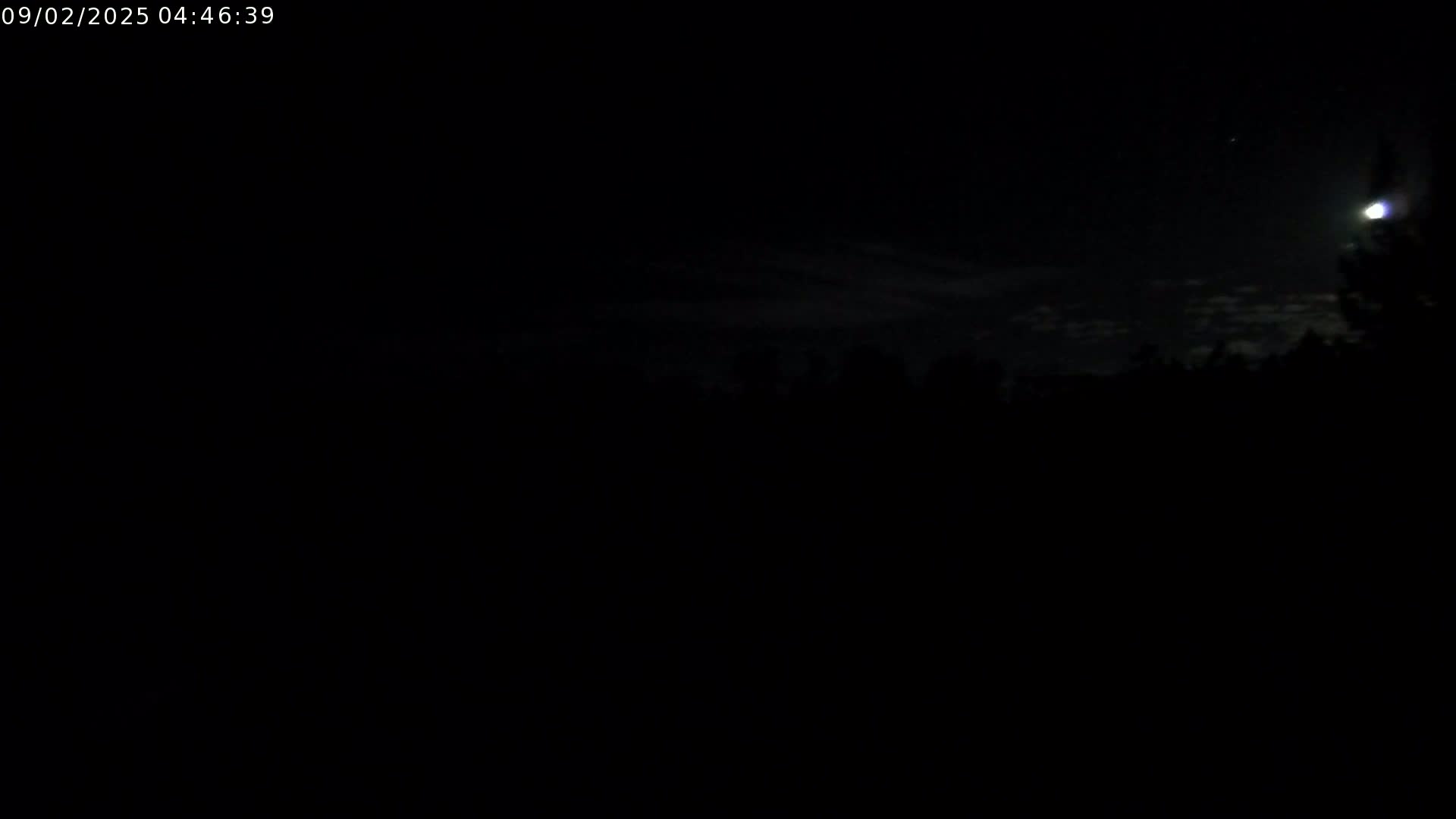 A nighttime scene shows a bright moon and a few clouds in a dark sky above a silhouetted treeline.