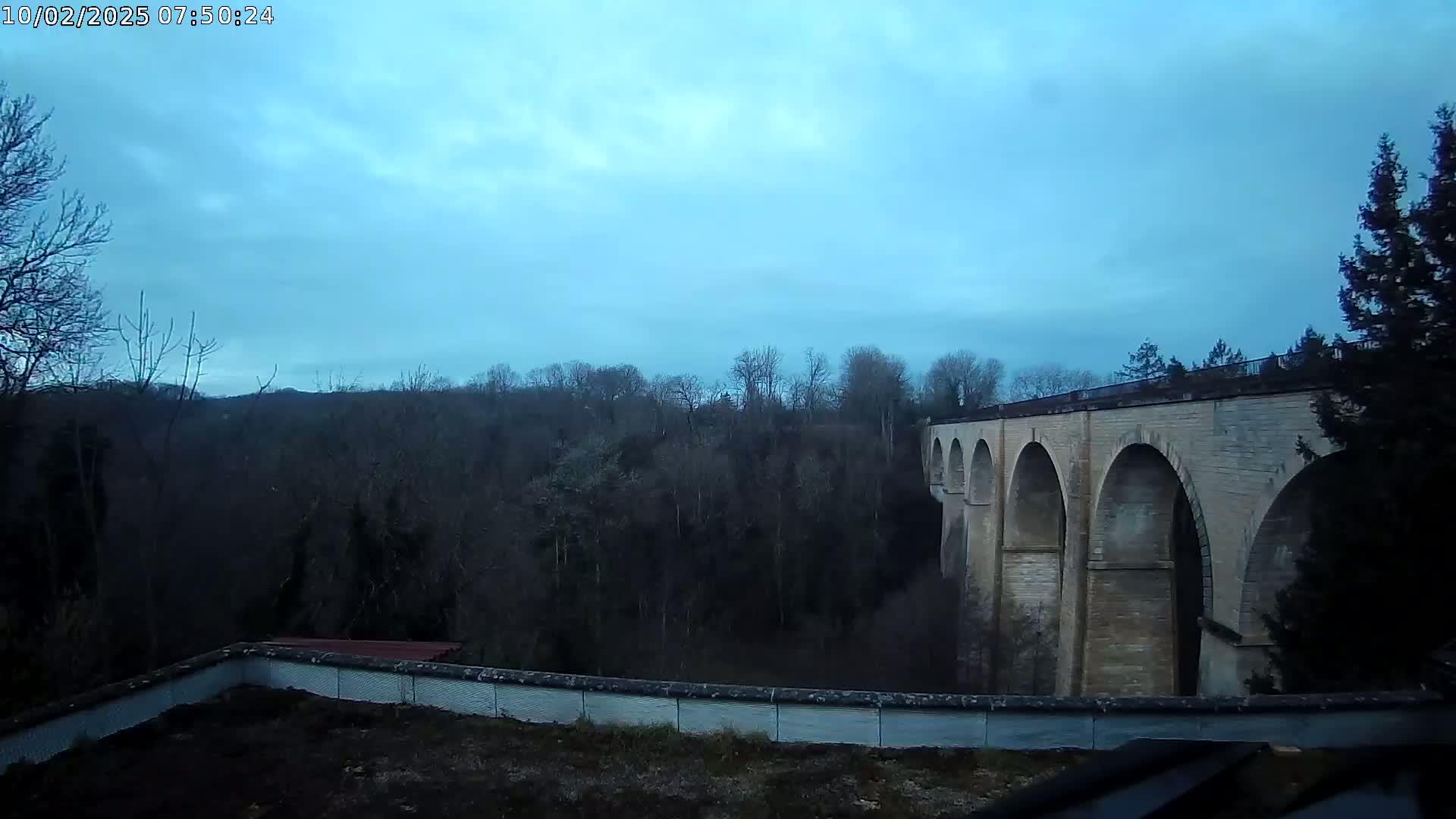 A stone viaduct with multiple arches is seen from a distance under a mostly cloudy, dusky blue sky, beyond a line of bare winter trees.