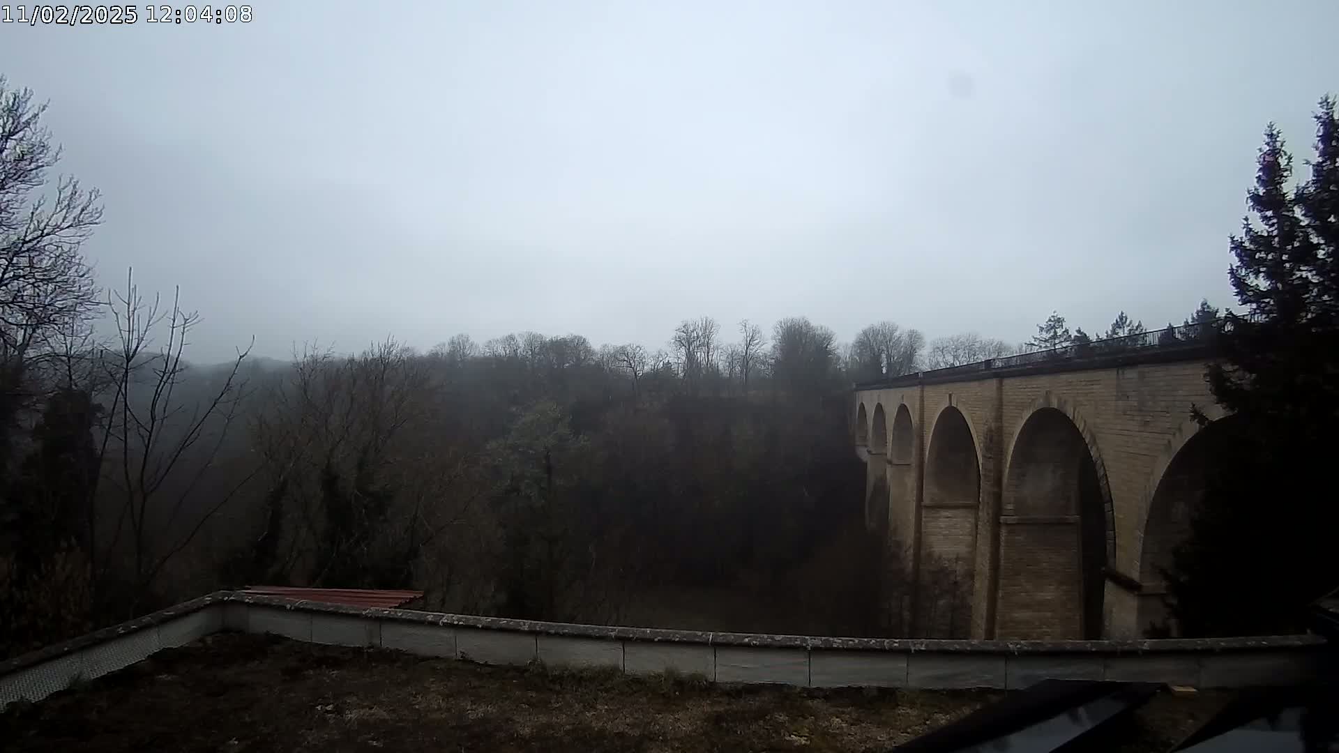 A stone viaduct with multiple arches is visible through a foggy, overcast landscape of bare winter trees.