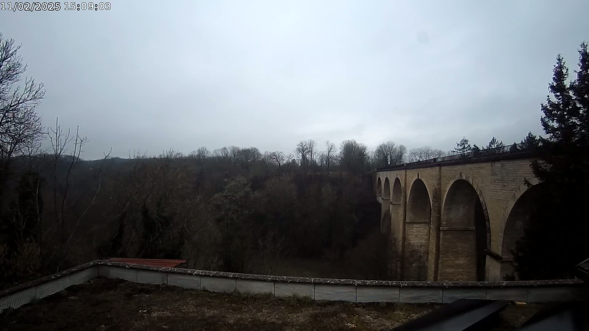 A stone viaduct stretches across a valley of bare winter trees under an overcast sky.