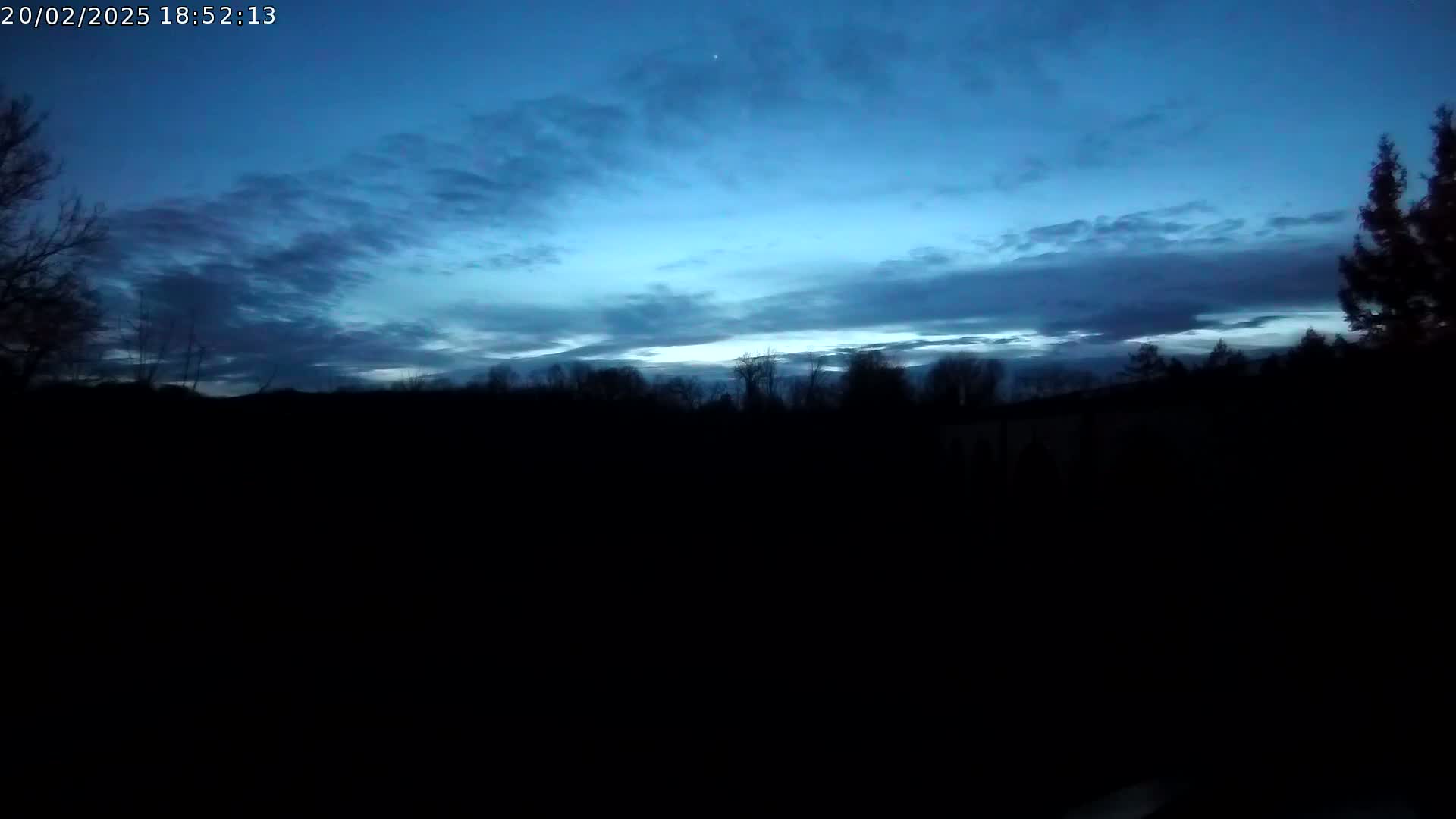 A dark, silhouetted landscape of trees is visible under a twilight sky with a few clouds.