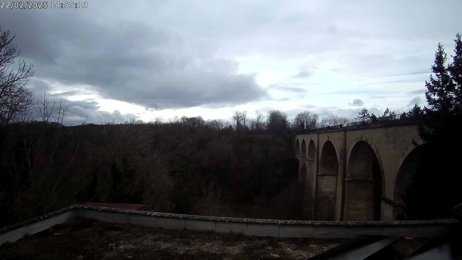 A stone arched viaduct is visible beyond a low wall and a line of bare winter trees under a mostly cloudy sky.