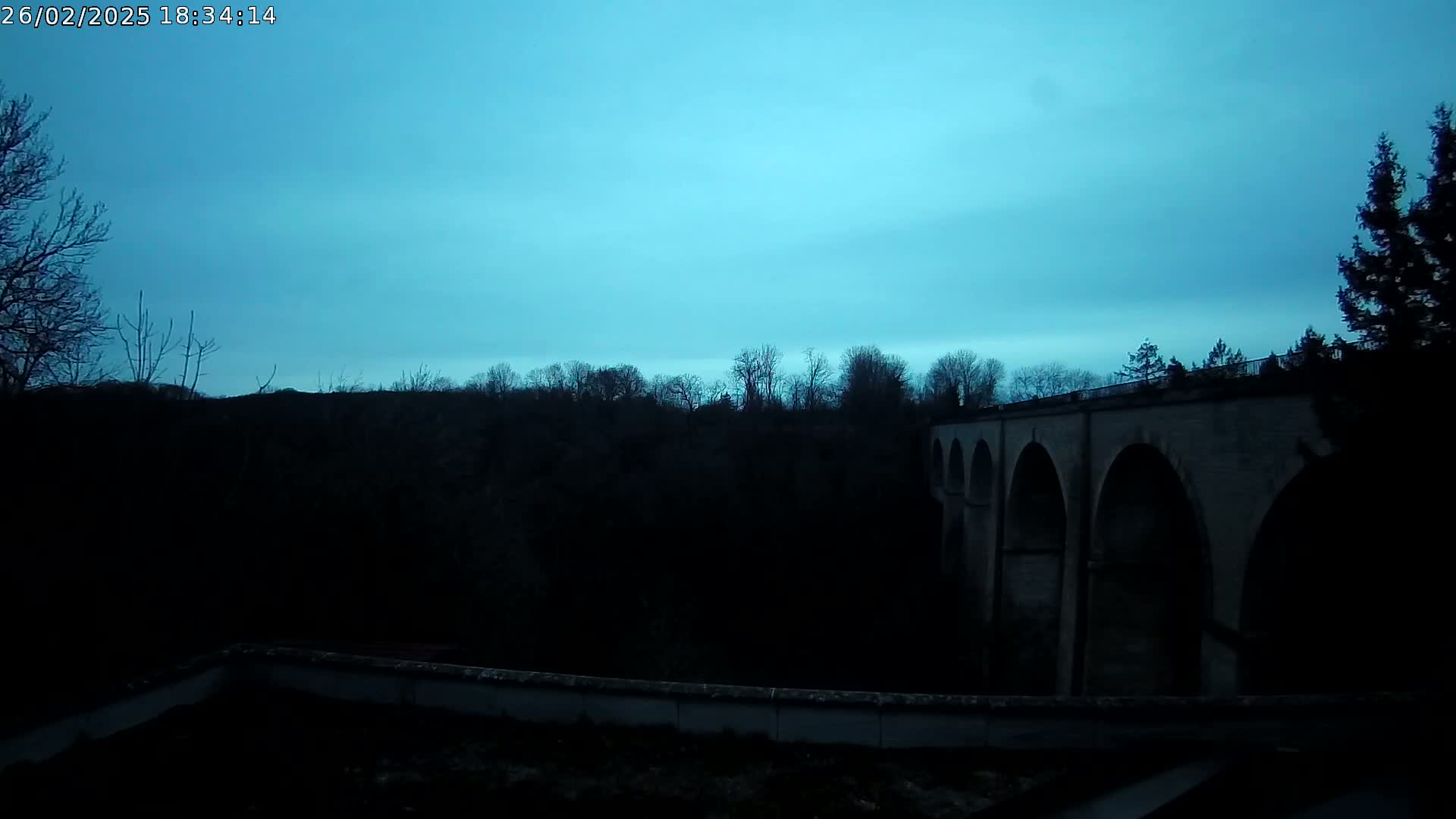 A stone bridge with multiple arches is visible against a twilight sky.