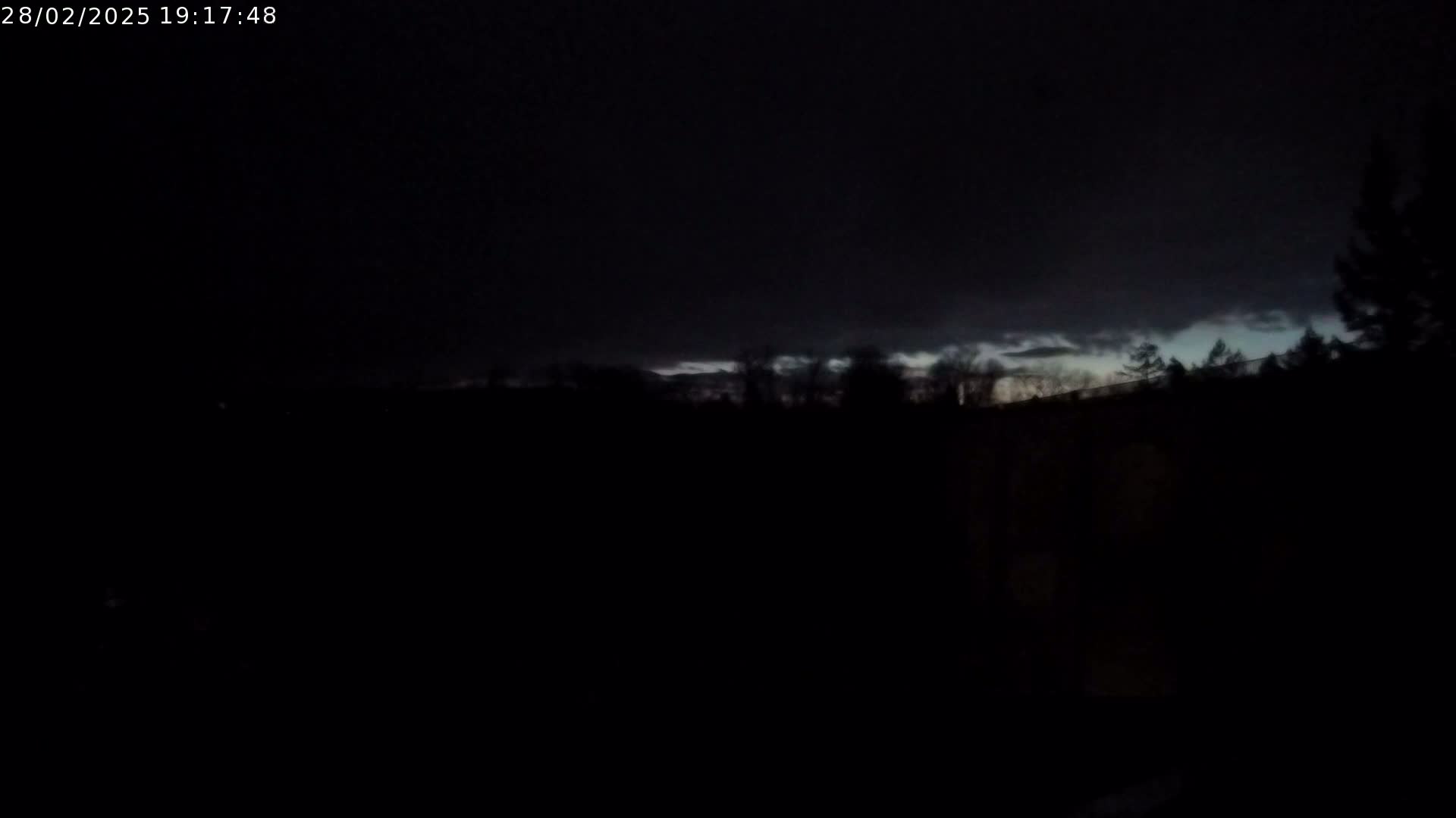 A dark, nighttime landscape with a faintly visible line of trees and a slightly brighter sky suggesting an overcast sky.