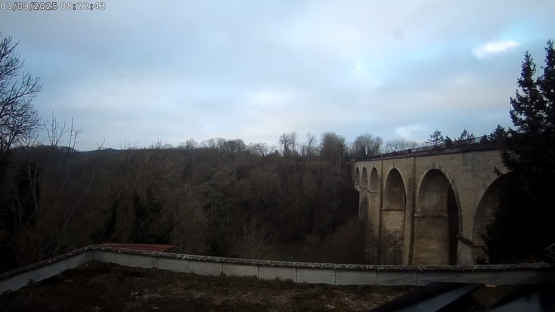A stone viaduct with multiple arches is visible beyond a line of leafless trees under a mostly cloudy sky.