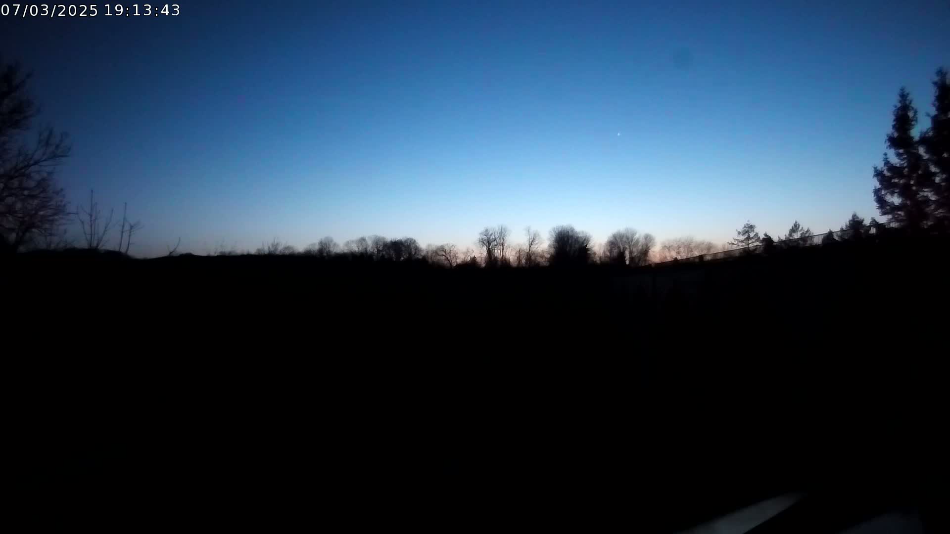 A dark, silhouetted treeline is visible against a twilight sky.
