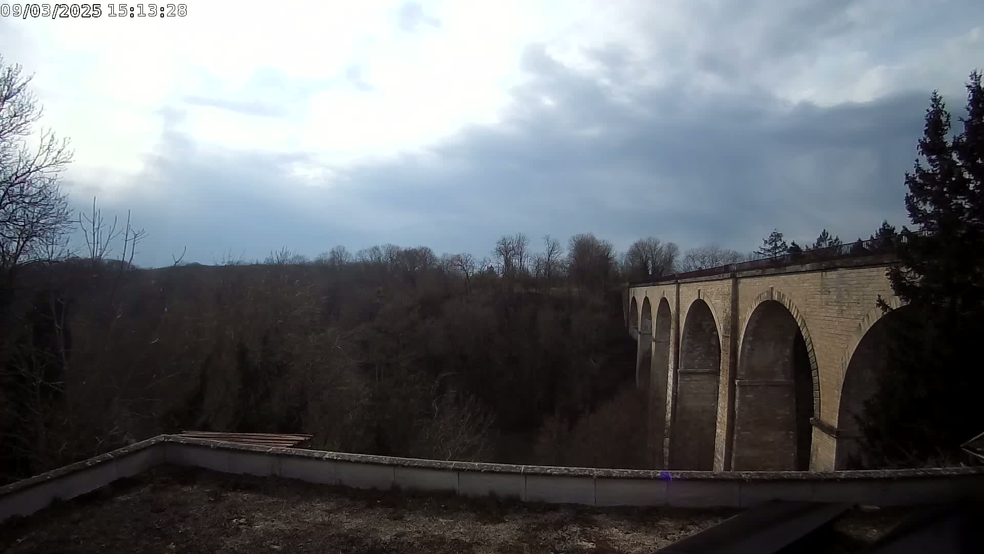 A stone viaduct with multiple arches stretches across a valley filled with leafless trees under a cloudy sky.