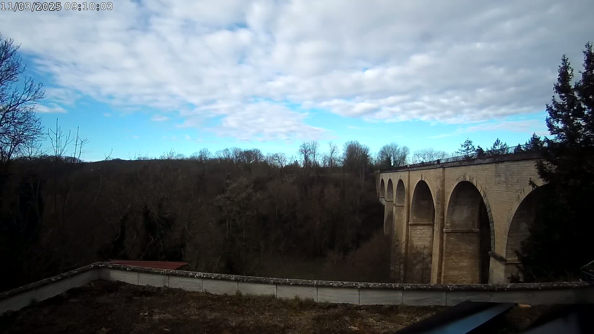 A stone viaduct with multiple arches is seen from a rooftop overlooking a valley of leafless trees under a partly cloudy sky.