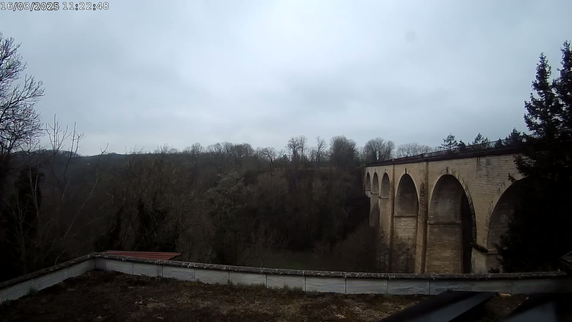 A stone viaduct with multiple arches stretches across a valley of leafless trees under a cloudy sky.