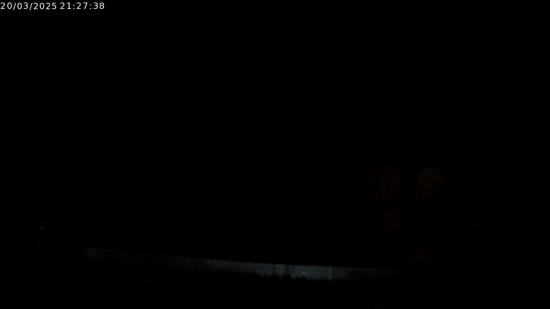 A low-light image shows a dark, possibly nighttime scene with faint, blurry lights in the distance.
