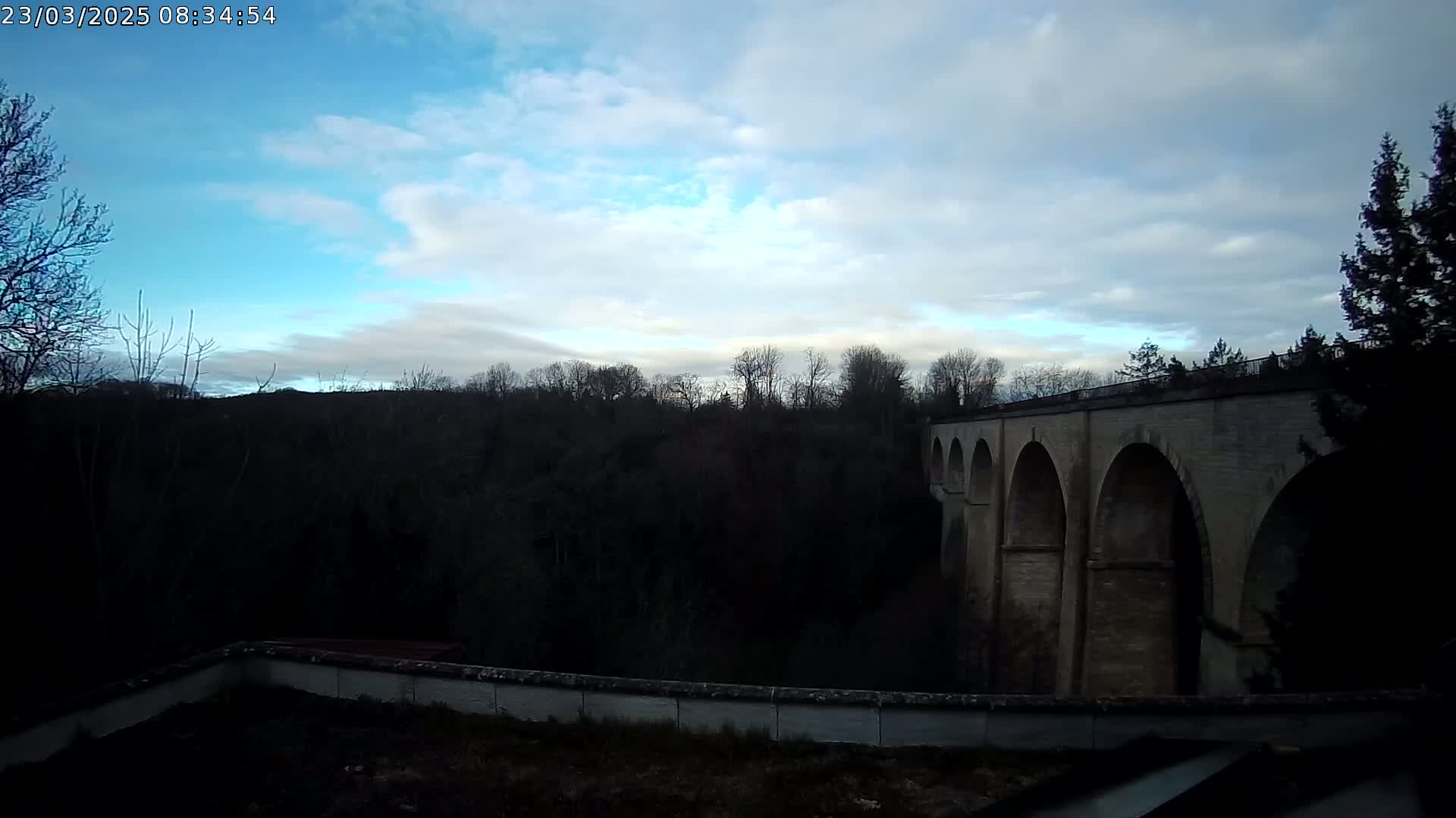 A stone viaduct with multiple arches is seen from a distance under a partly cloudy sky.