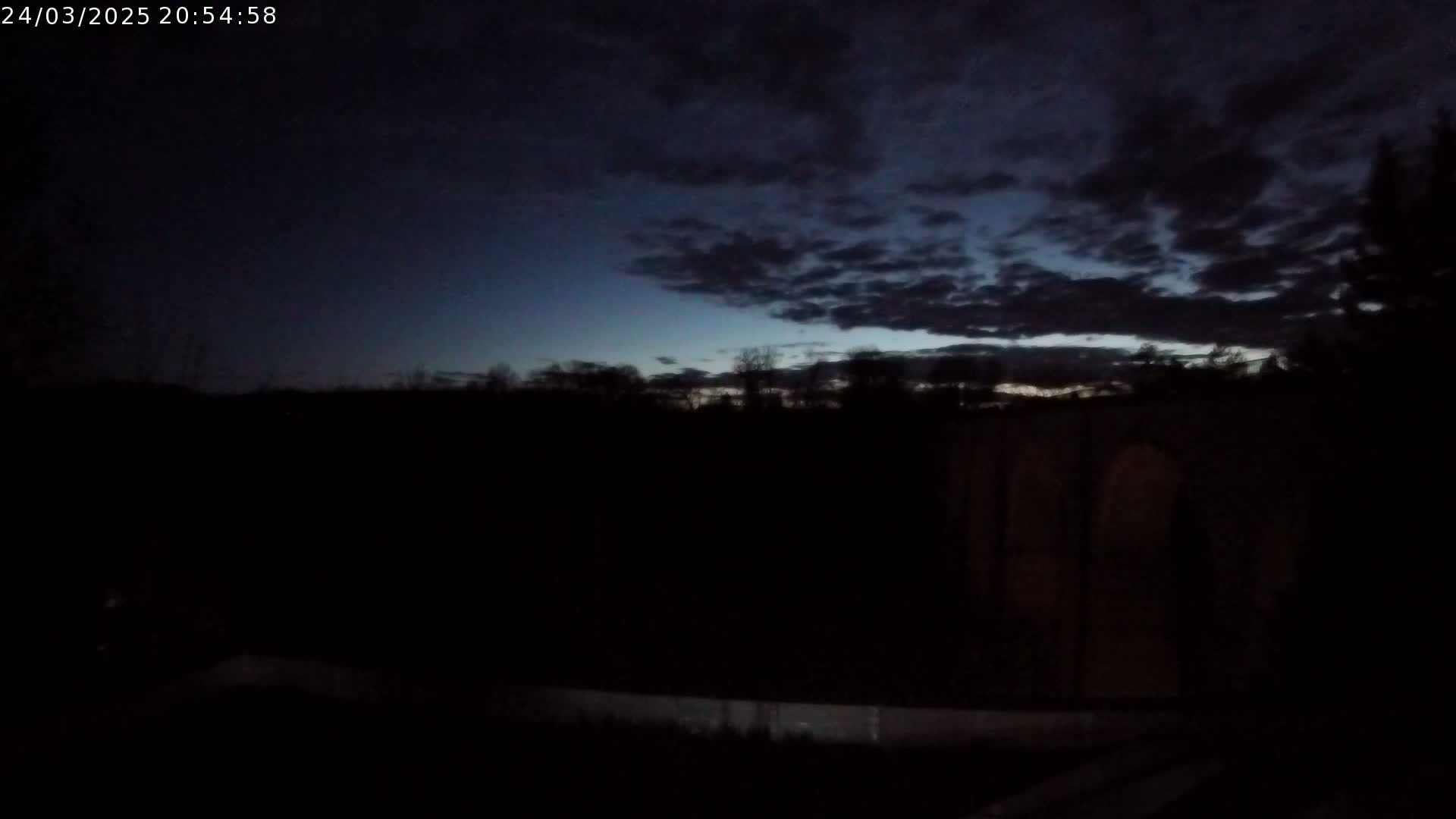 A dark, cloudy twilight sky is visible above a silhouetted line of trees and a structure.