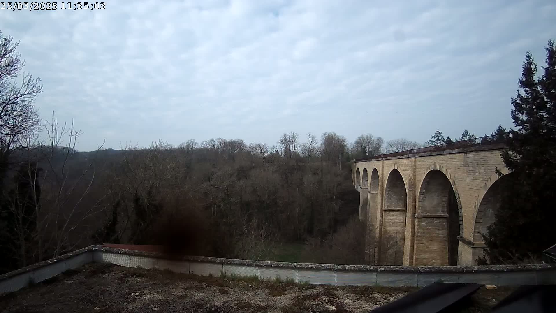A stone viaduct with multiple arches spans a wooded valley under a cloudy sky.