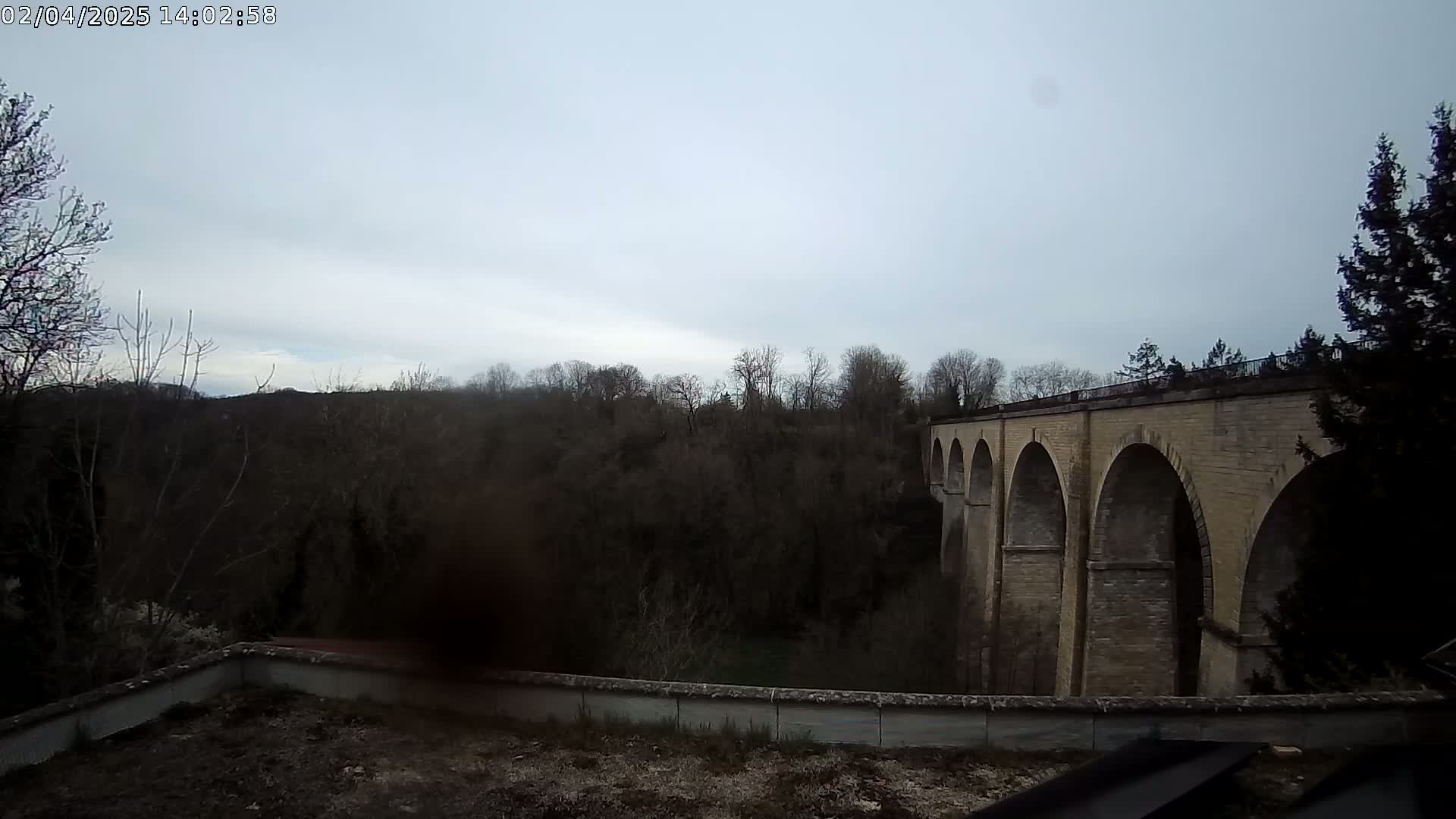 A stone viaduct with multiple arches is seen in the distance beyond a line of leafless trees under an overcast sky.