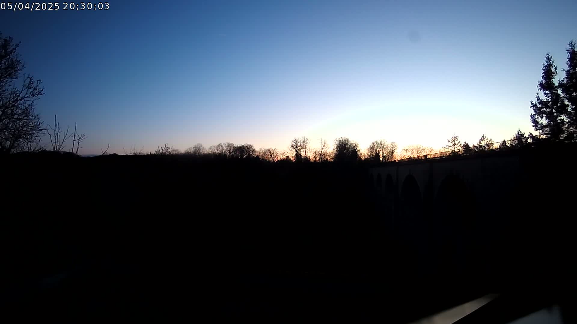 A silhouetted treeline and stone bridge are visible against a twilight sky.