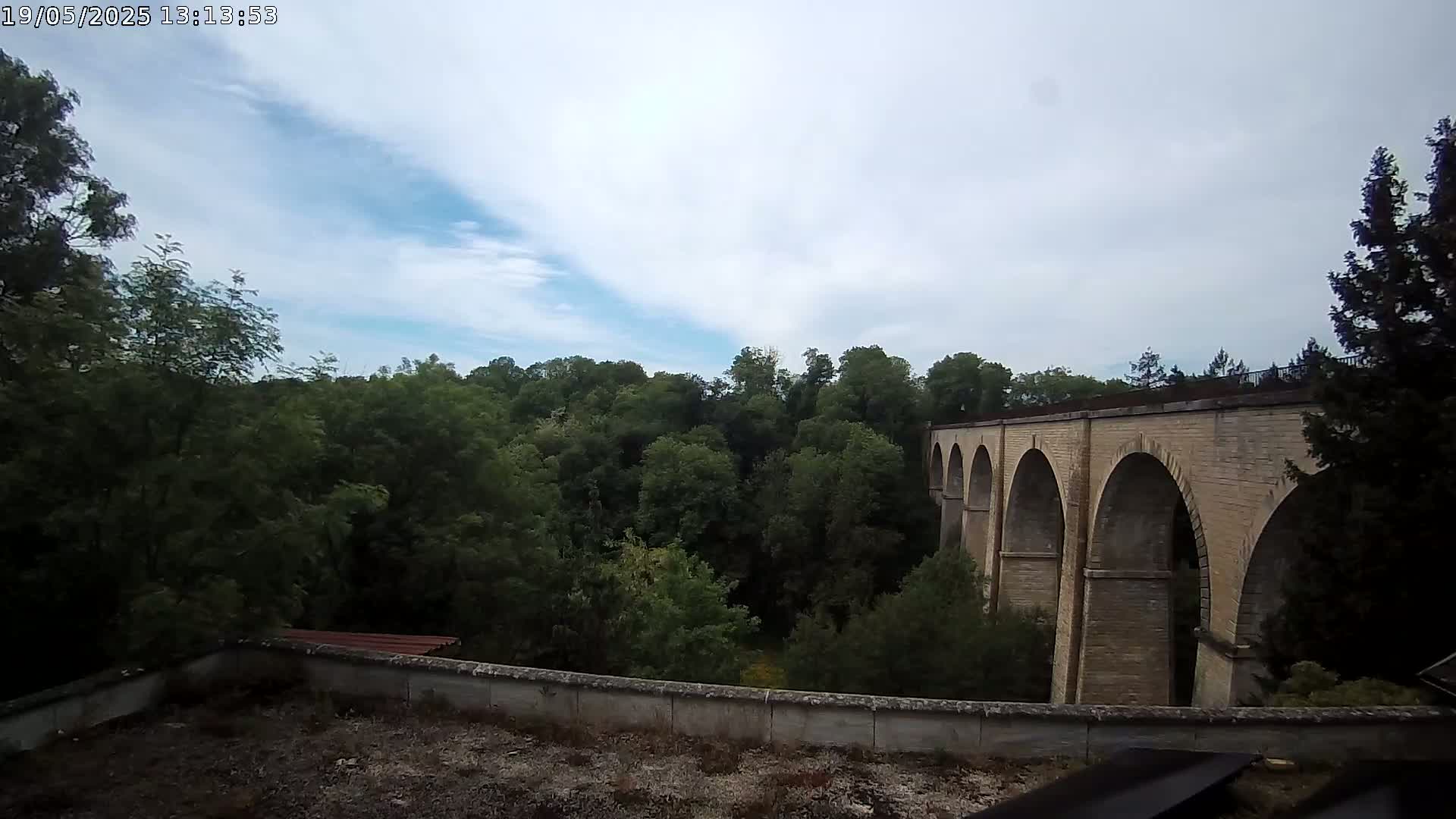 A stone viaduct with multiple arches is visible beyond a lush green forest under a partly cloudy sky.