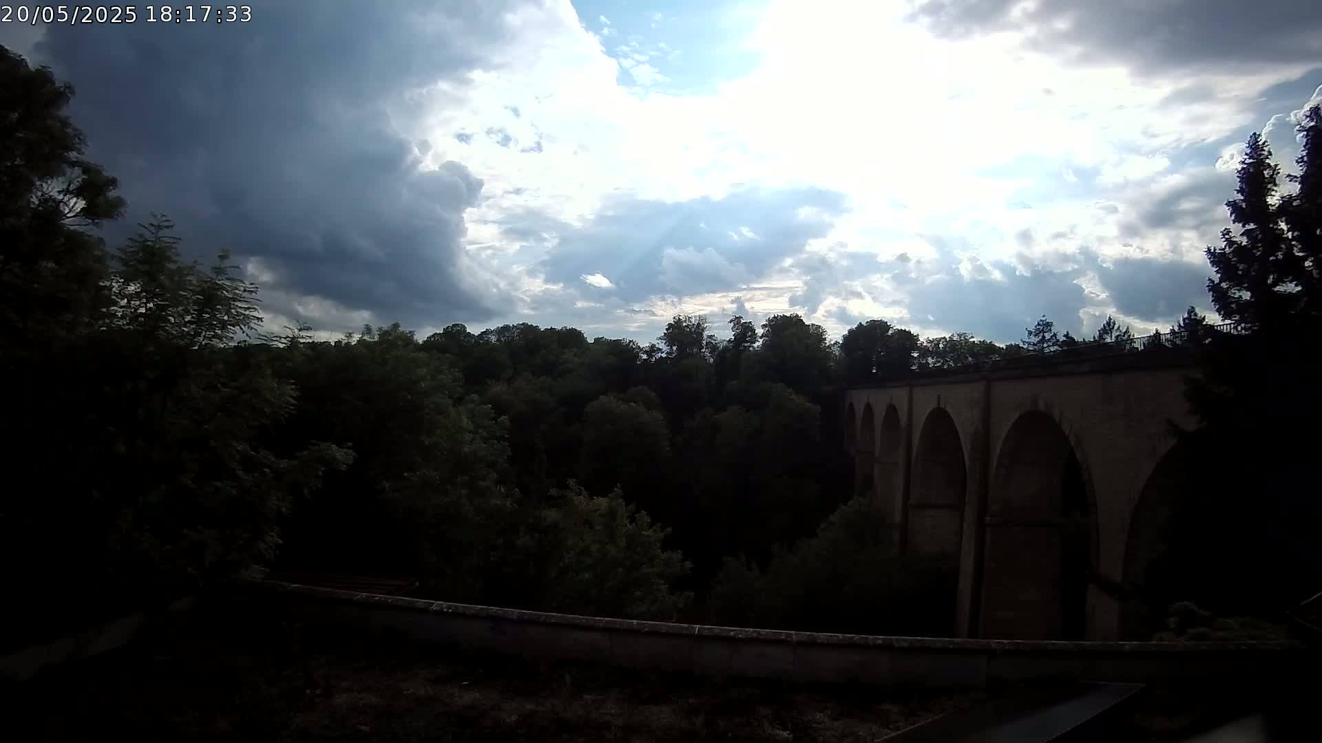 A stone viaduct with multiple arches is partially visible behind a line of dark trees under a partly cloudy sky.
