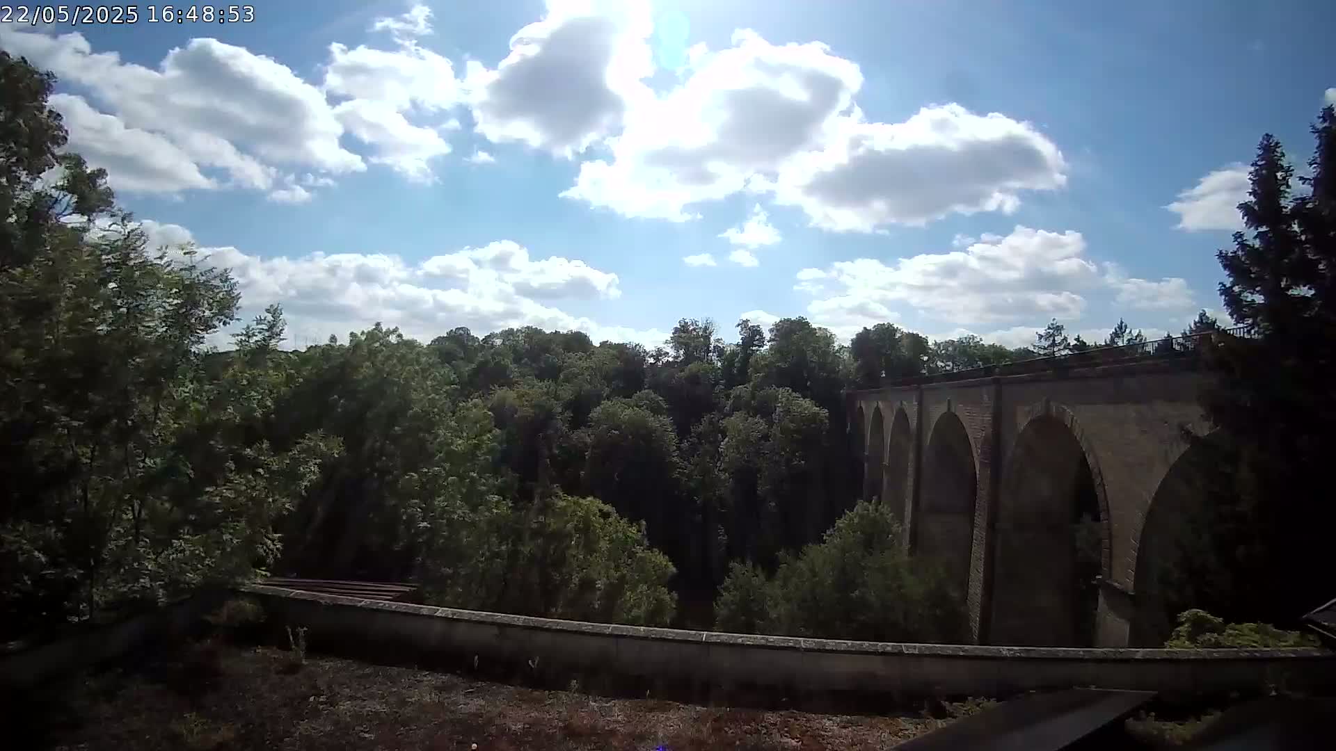 A stone viaduct is visible beyond a lush green forest under a partly sunny sky with fluffy white clouds.