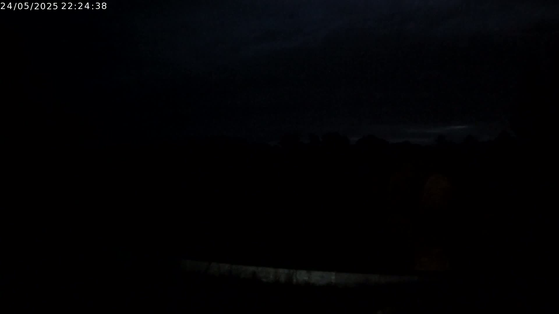 A dark, nighttime scene shows a silhouetted treeline under a cloudy sky.