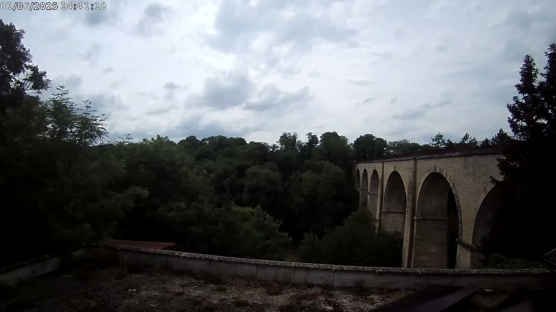 A stone viaduct with multiple arches is partially visible beyond a line of lush green trees under a cloudy sky.