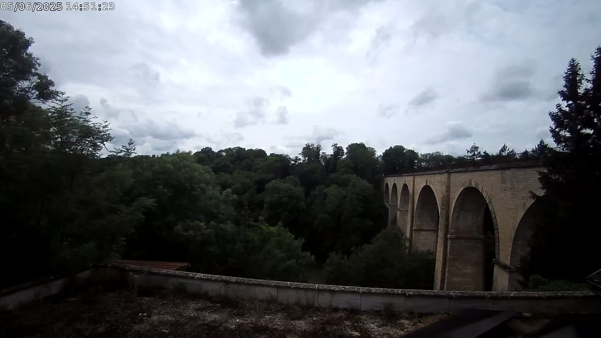 A stone viaduct with multiple arches is visible beyond a line of lush green trees under a cloudy sky.