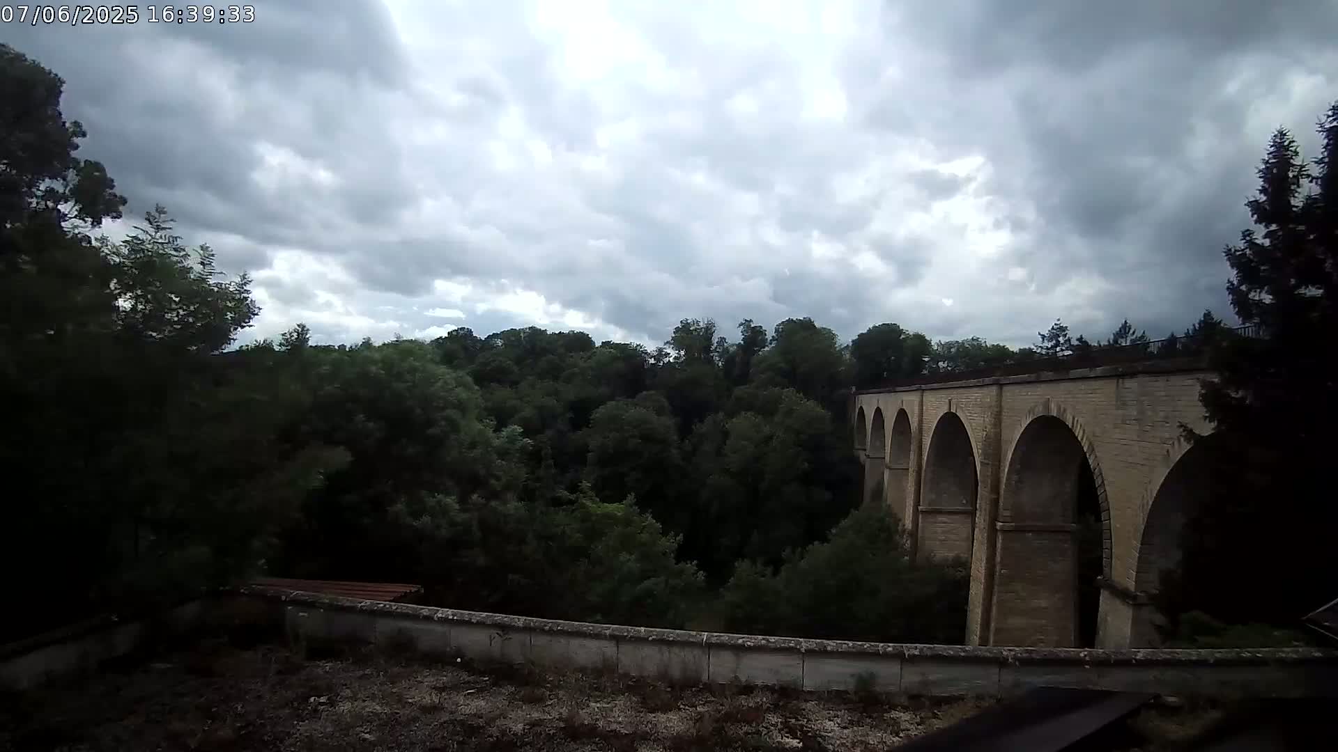 A stone viaduct with multiple arches is visible through a dense forest under a cloudy sky.