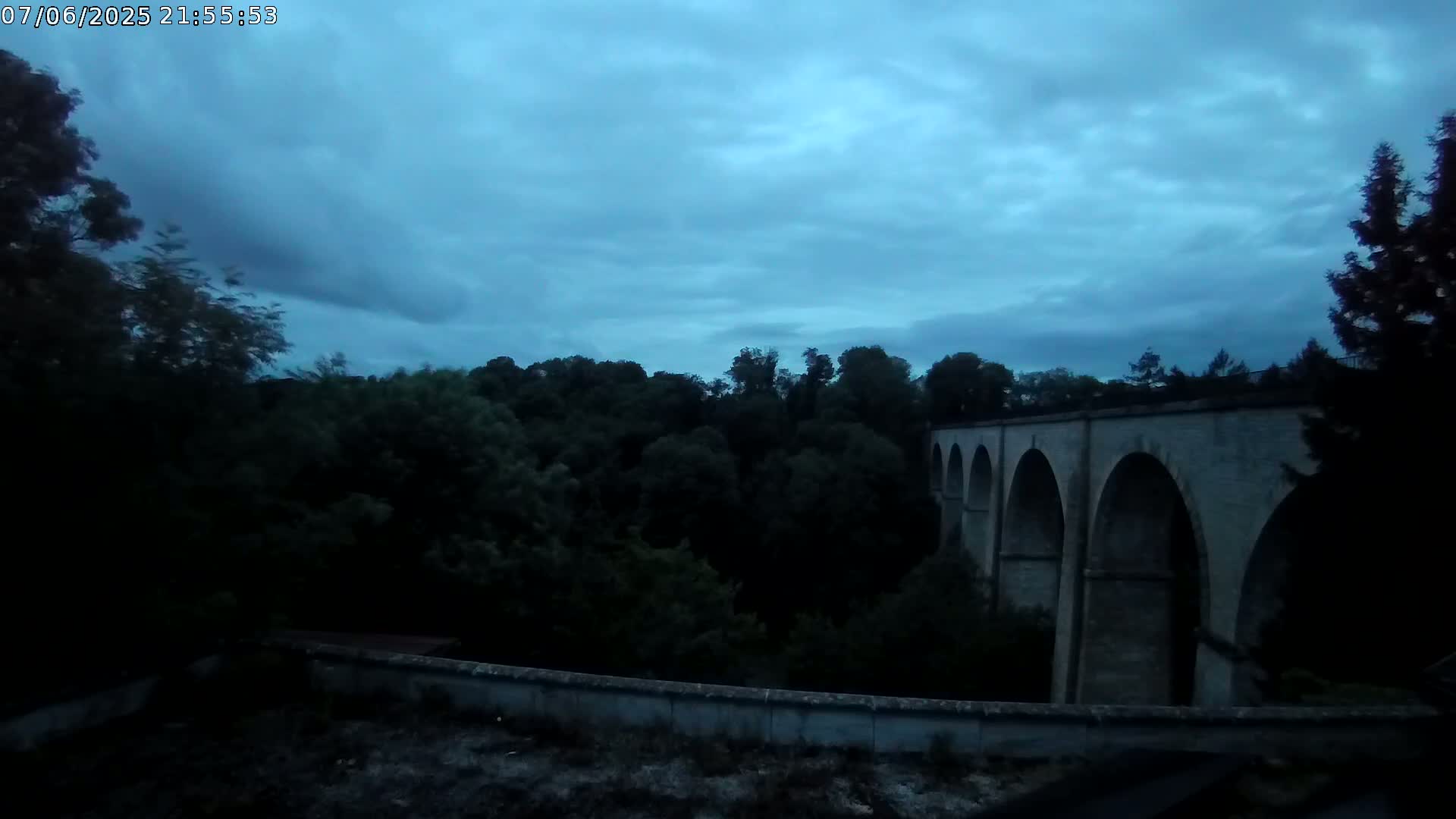 A stone viaduct with multiple arches is situated behind a dark, tree-lined valley under a dusky blue sky.