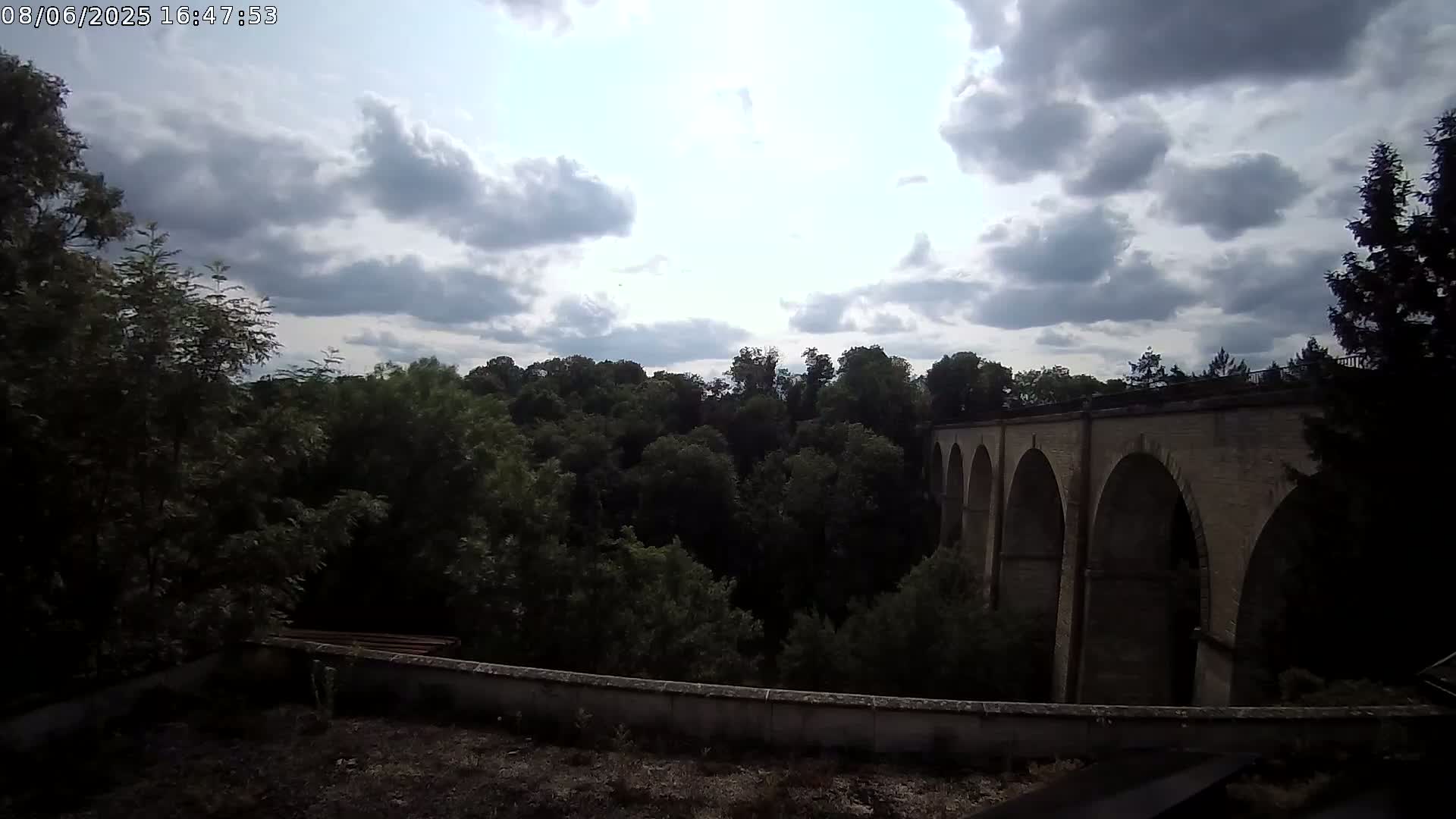 A stone viaduct with multiple arches is partially visible behind a line of dark green trees under a partly cloudy sky.