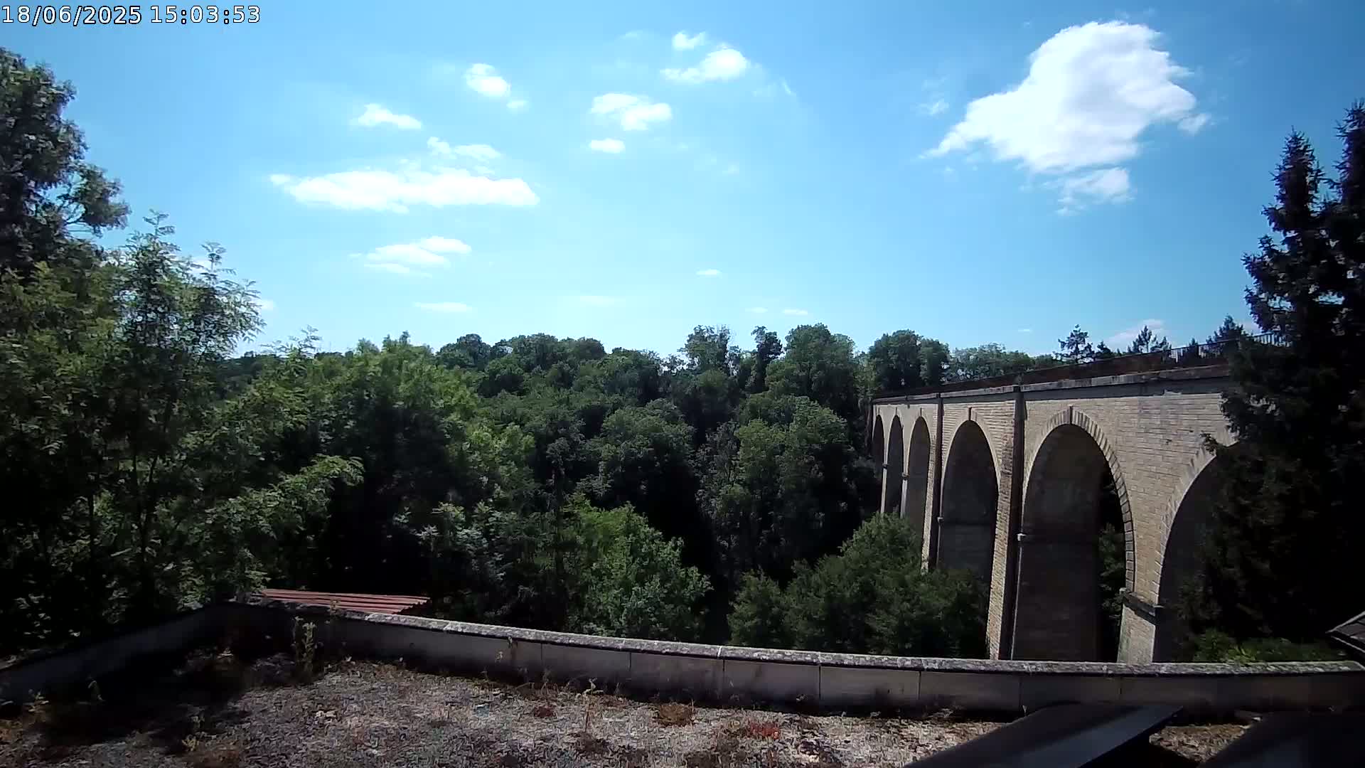 A stone viaduct with multiple arches is visible beyond a lush green forest under a partly sunny sky.