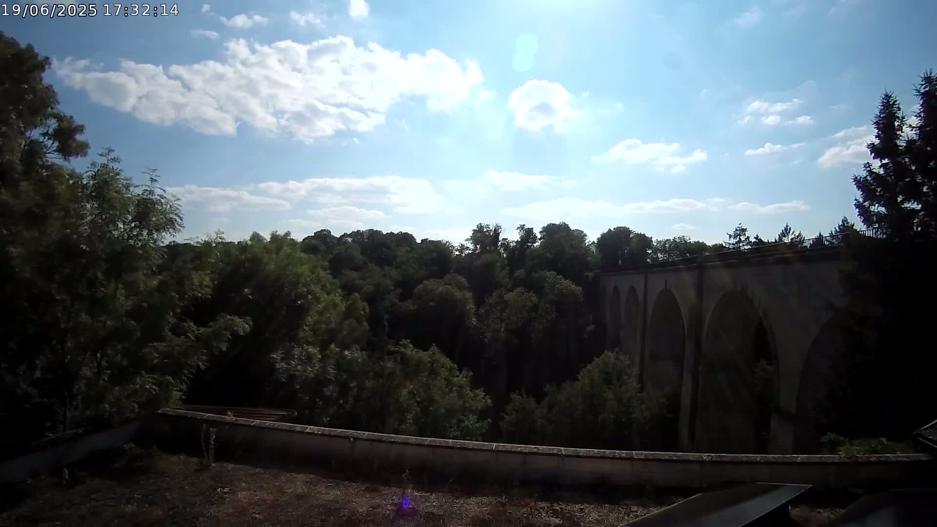 A stone arched bridge is partially visible beyond a line of leafy green trees under a mostly sunny sky with some scattered clouds.