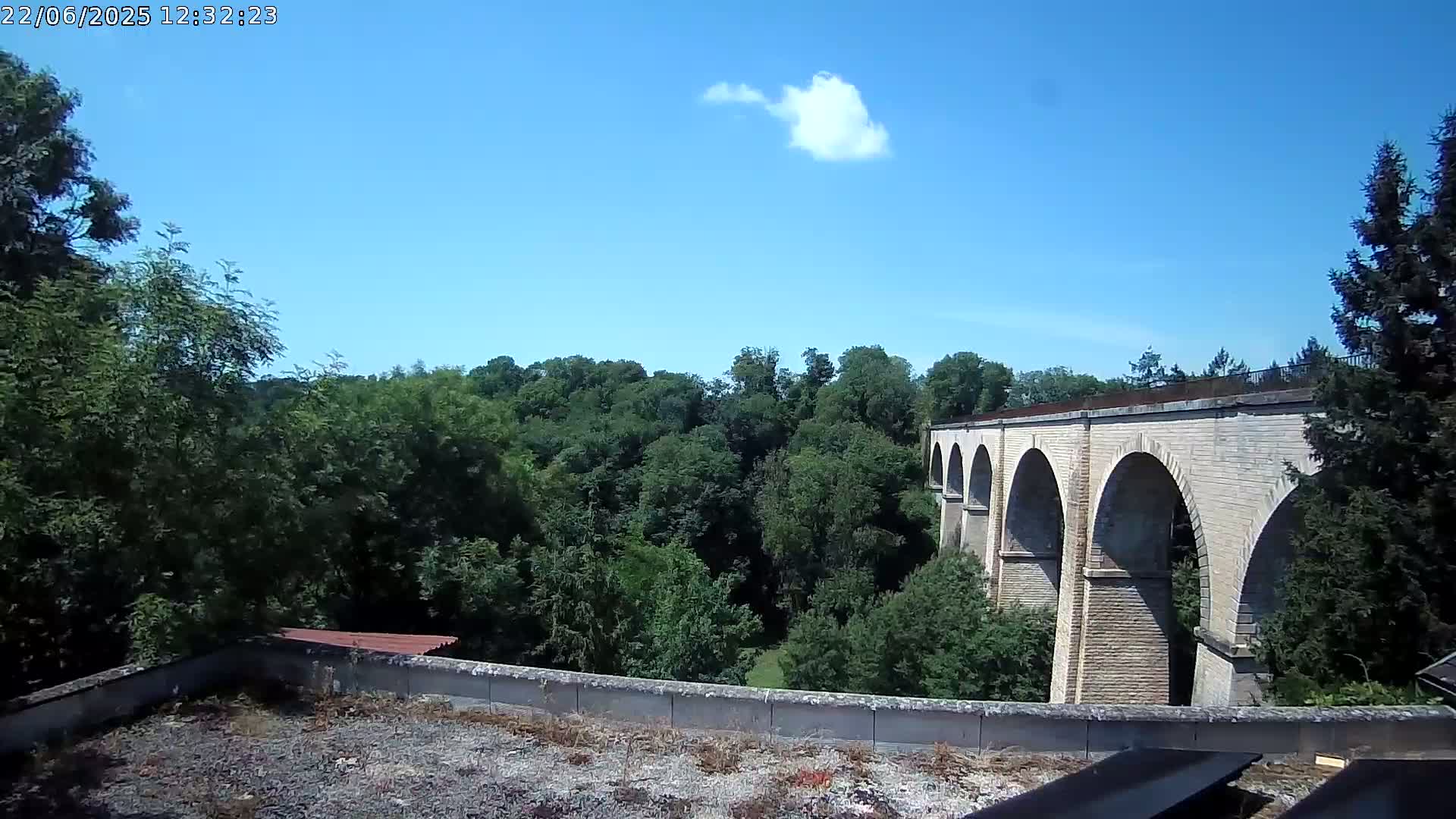 A stone viaduct with multiple arches stretches across a lush green valley under a clear blue sky with a single small cloud.