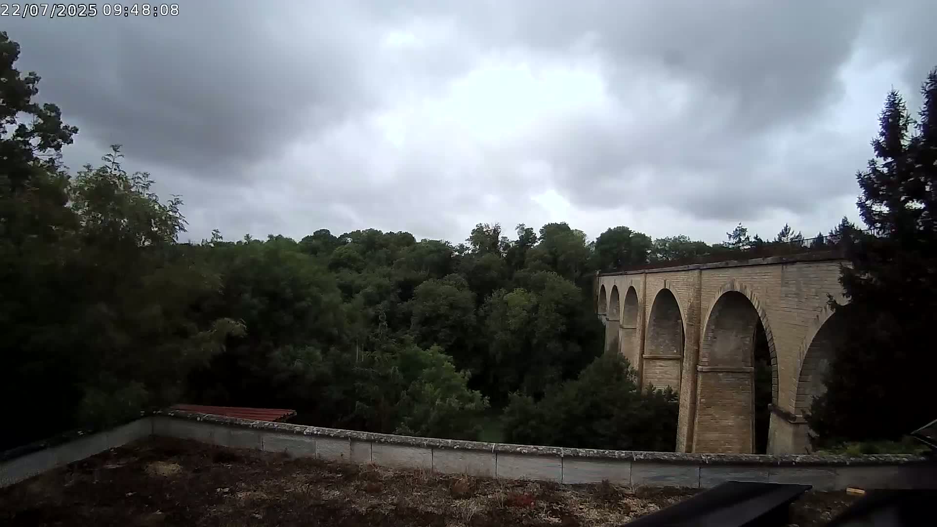 A stone viaduct with multiple arches is visible beyond a line of lush green trees under a cloudy sky.