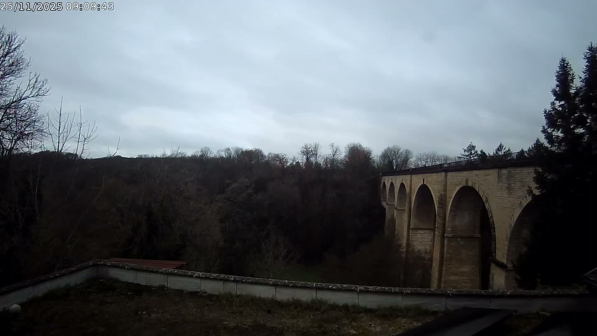 A long stone viaduct with multiple arches stretches across a densely forested valley filled with mostly bare trees, all under a heavily overcast and grey sky.