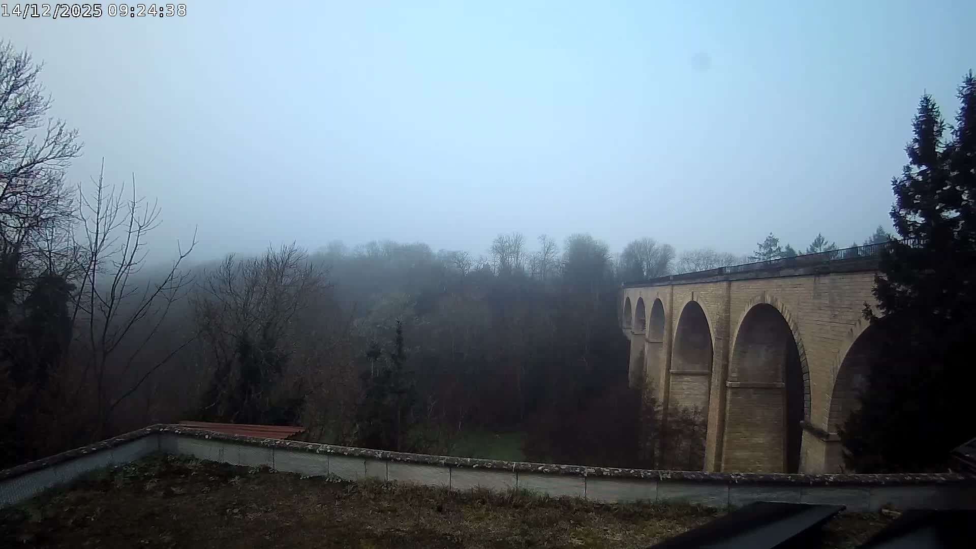 The image depicts an extremely dark outdoor scene on an overcast night, with a faint horizon line of distant trees or structures and a tiny bright dot barely discernible against the dark sky.