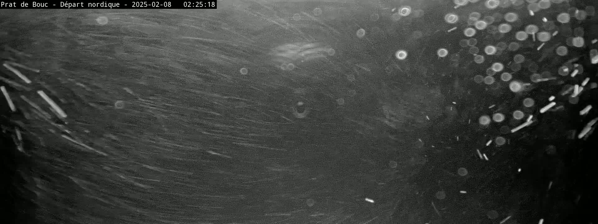 A nighttime, snowy scene is shown with snow falling heavily in streaks across the frame.