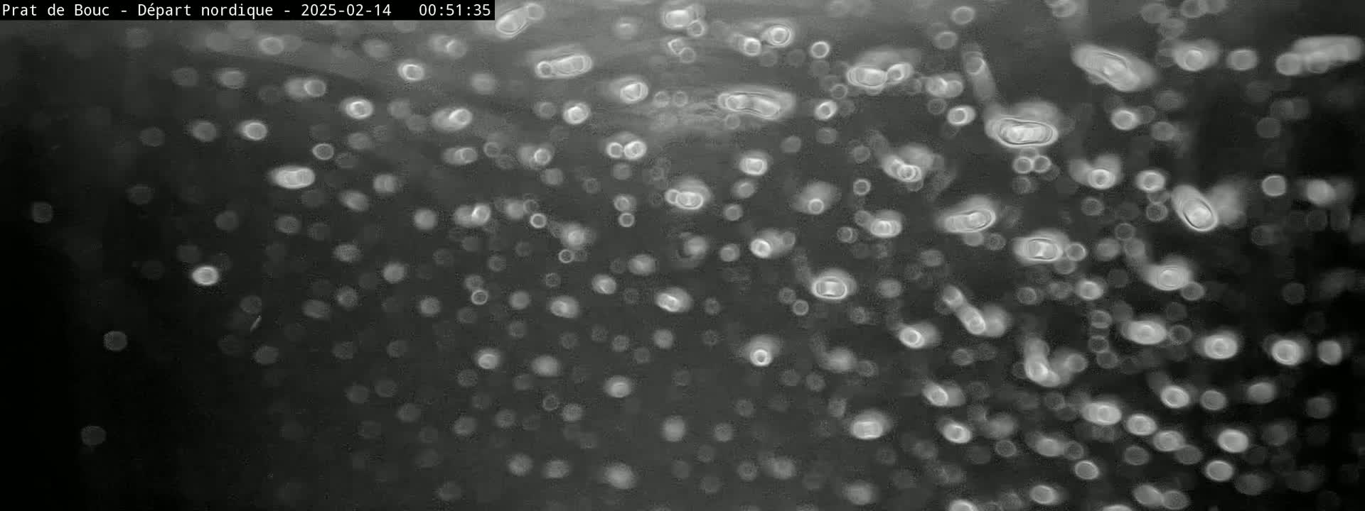 Many out-of-focus, light-colored dots appear to be falling against a dark background.